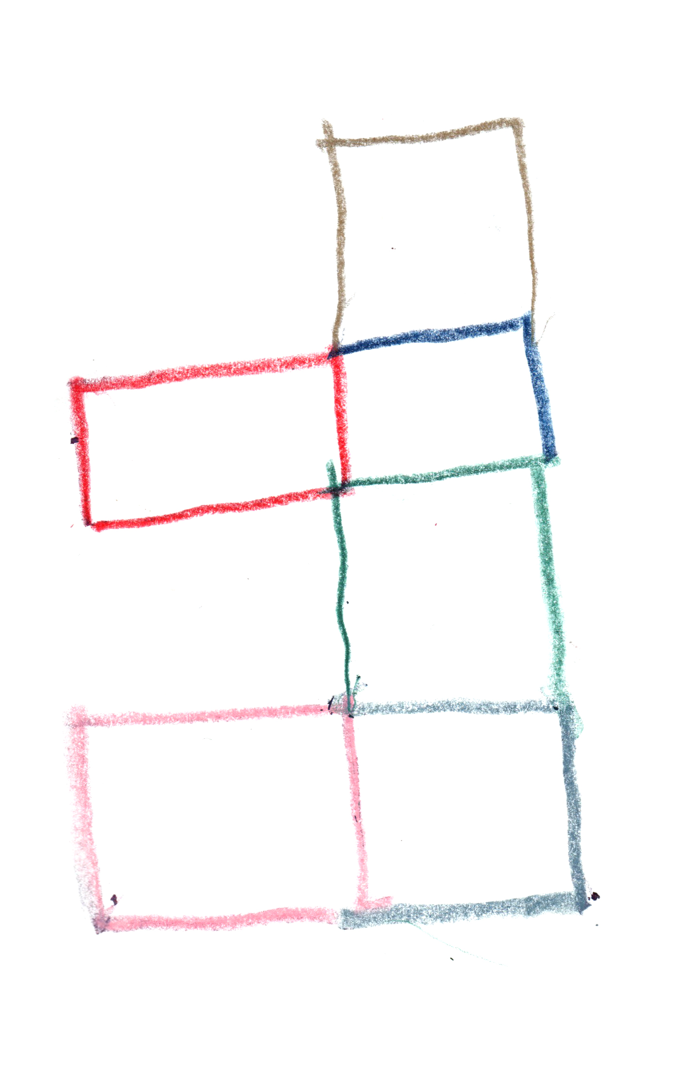 drawing of six squares in colored pencil stacked atop one another