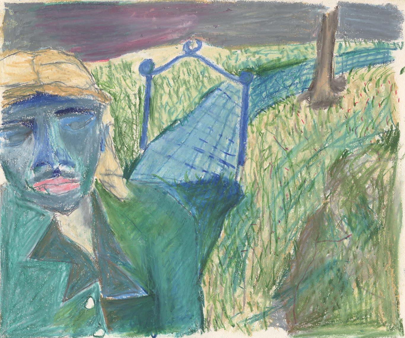 drawing in colored pencil of a figure wearing a crown and a blue jacket walking towards the viewer, walking on a blue path through a gate in a field of grass and stone