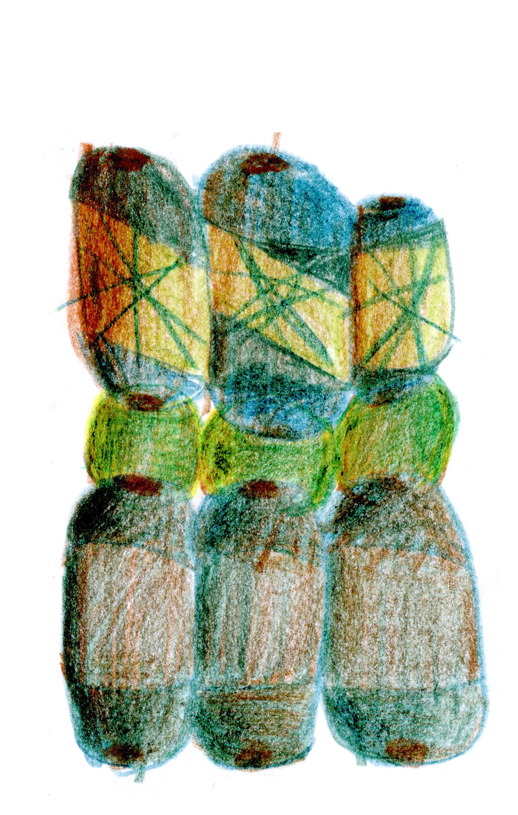 drawing in colored pencils of some rounded volumes overlapping at their ends