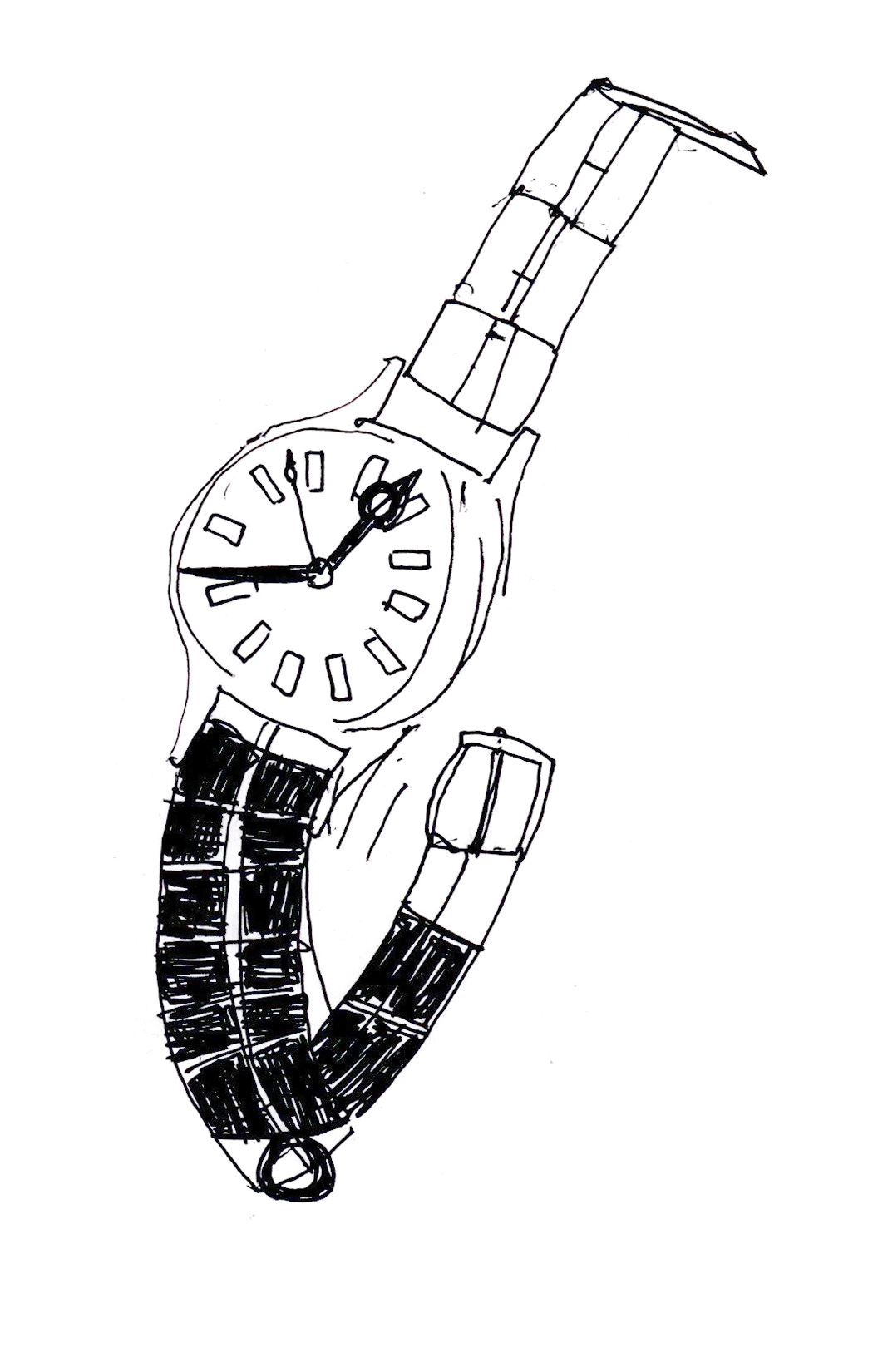 drawing in black pen of a watch with one strap in black and the other in white