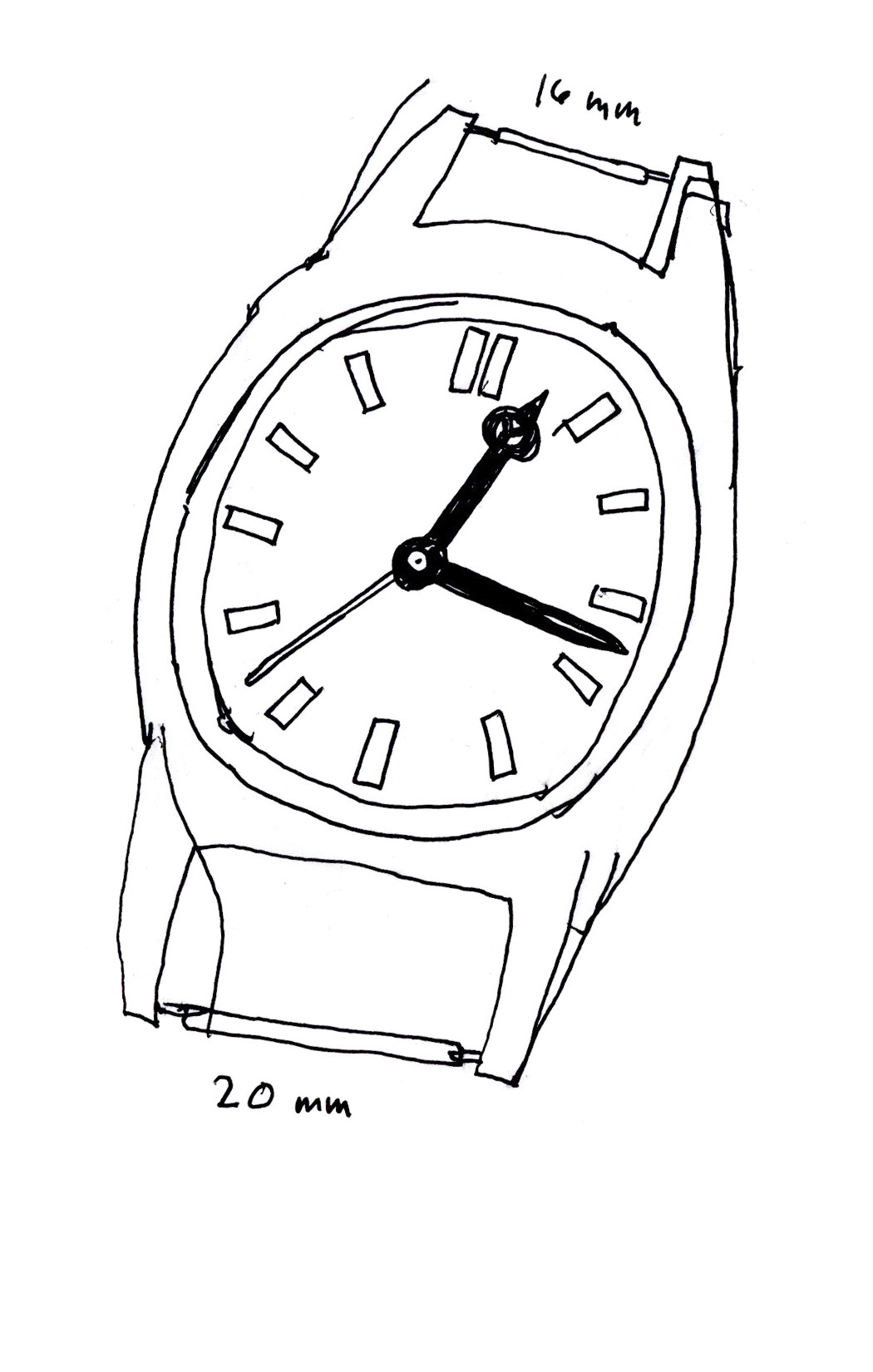 drawing in black pen of a watch with no strap whose lug to lug width is 20mm on one side and 16mm on the other and have annotational text to indicate this