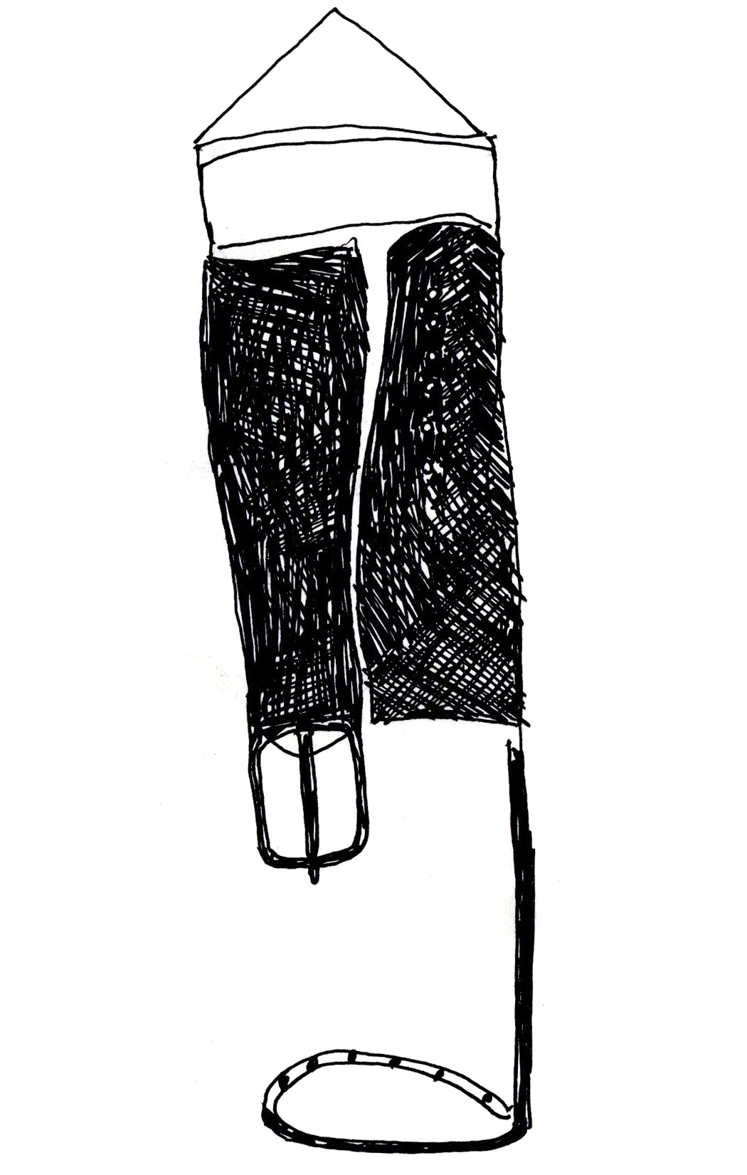 two sides of a watch strap hang side by side beneath a pedimented top and through a wire base