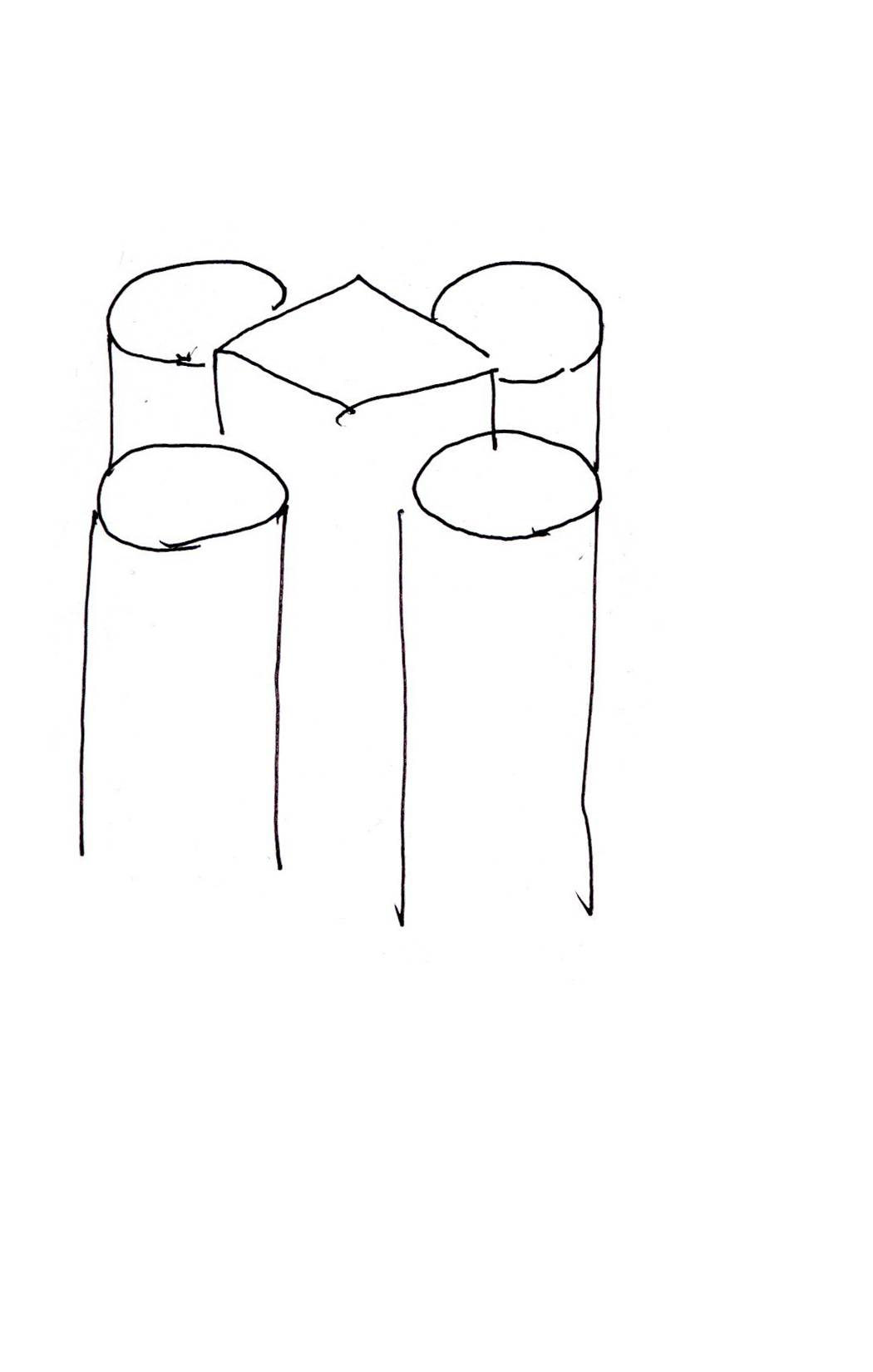 drawing in black pen of four cylindrical prisms surrounding a rectangular prism