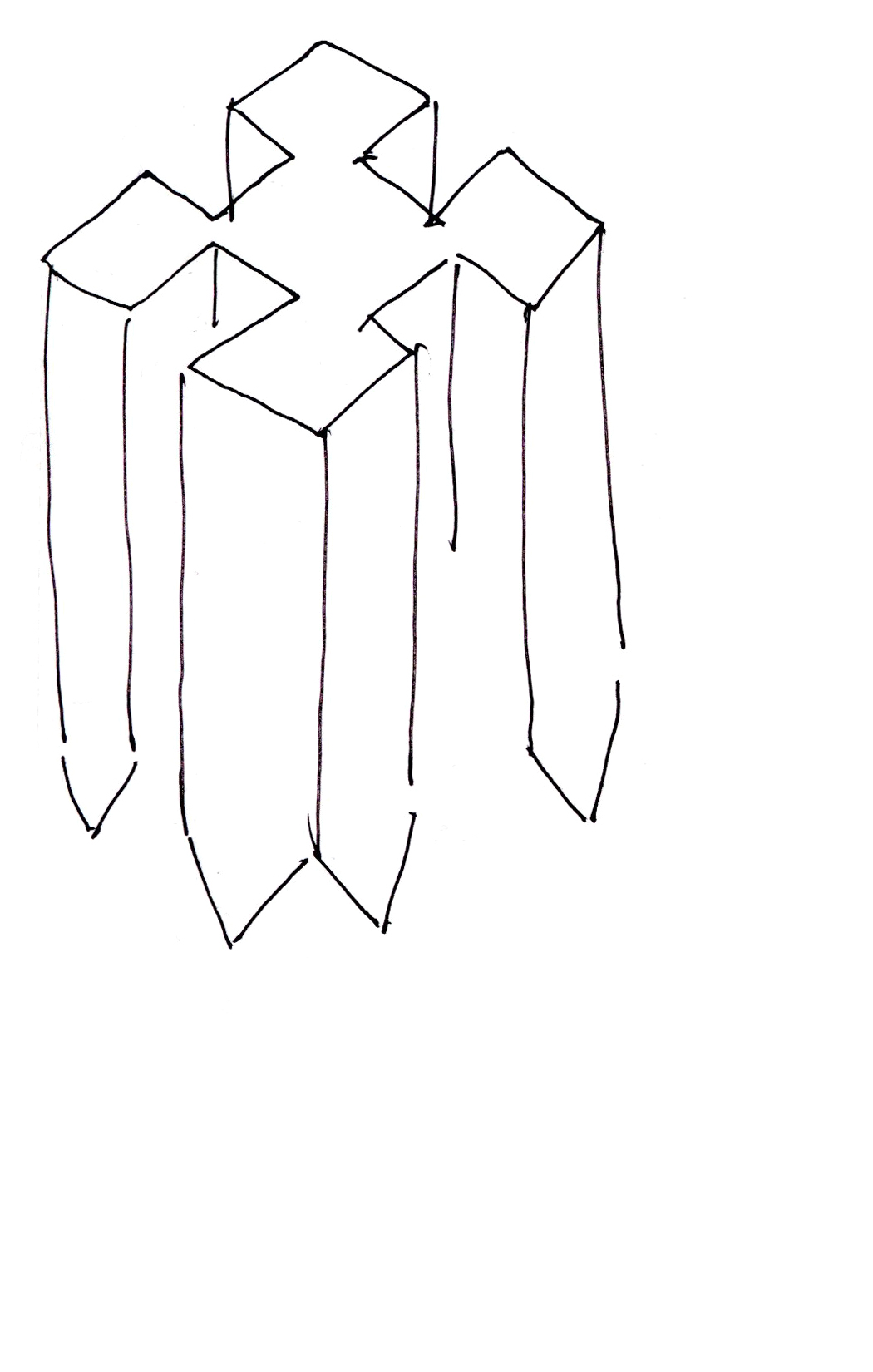 drawing in black pen of a plus-shaped extrusion sitting on a pointed base