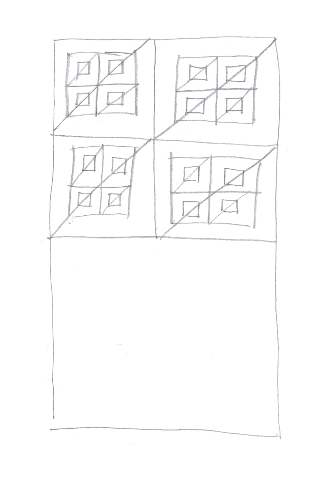 drawing in pencil of squares inside of other squares with diagonals running from corner to corner