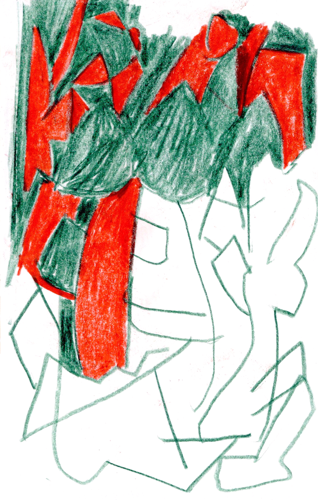 drawing in green and red colored pencil of overlapping shapes and fields