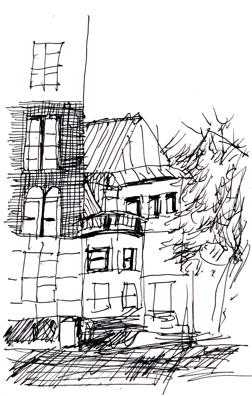 drawing in black pen of a city street with buildings adjacent to one another and a street in front