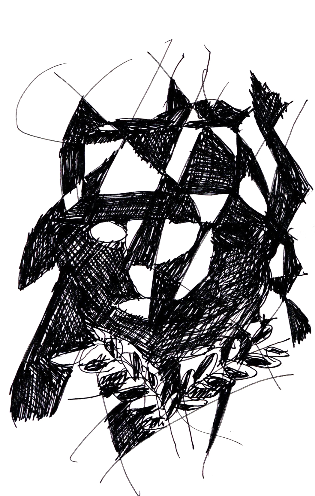 drawing in black pen of branches with leaves amongst filled in black fields