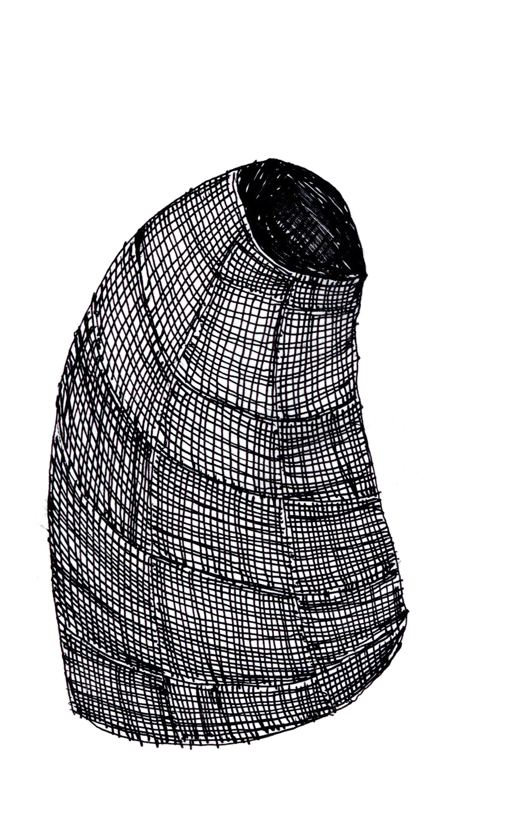 drawing in black pen of a curved volume with a darker top