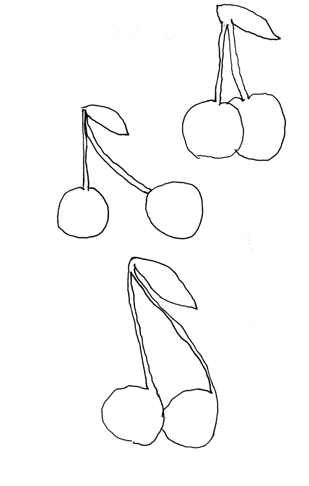 drawing in black pen of three pairs of cherries each with one leaf from their stems