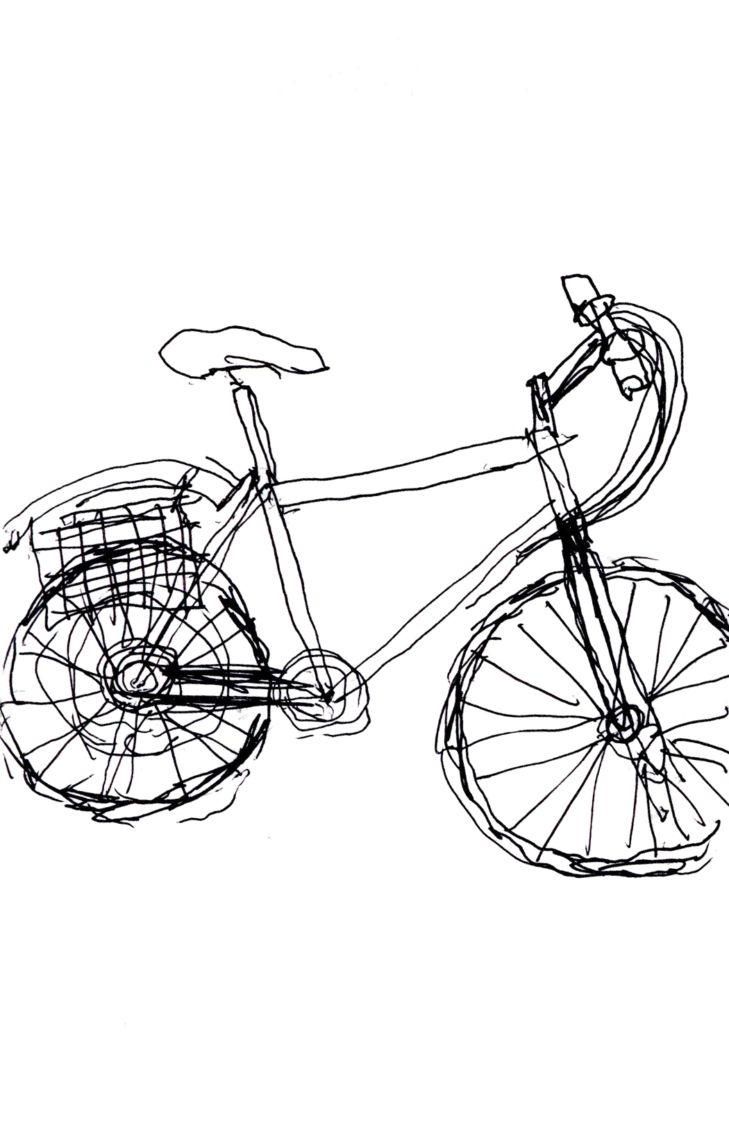 drawing in black pen of a mountain bike from the side with a basket on the back 