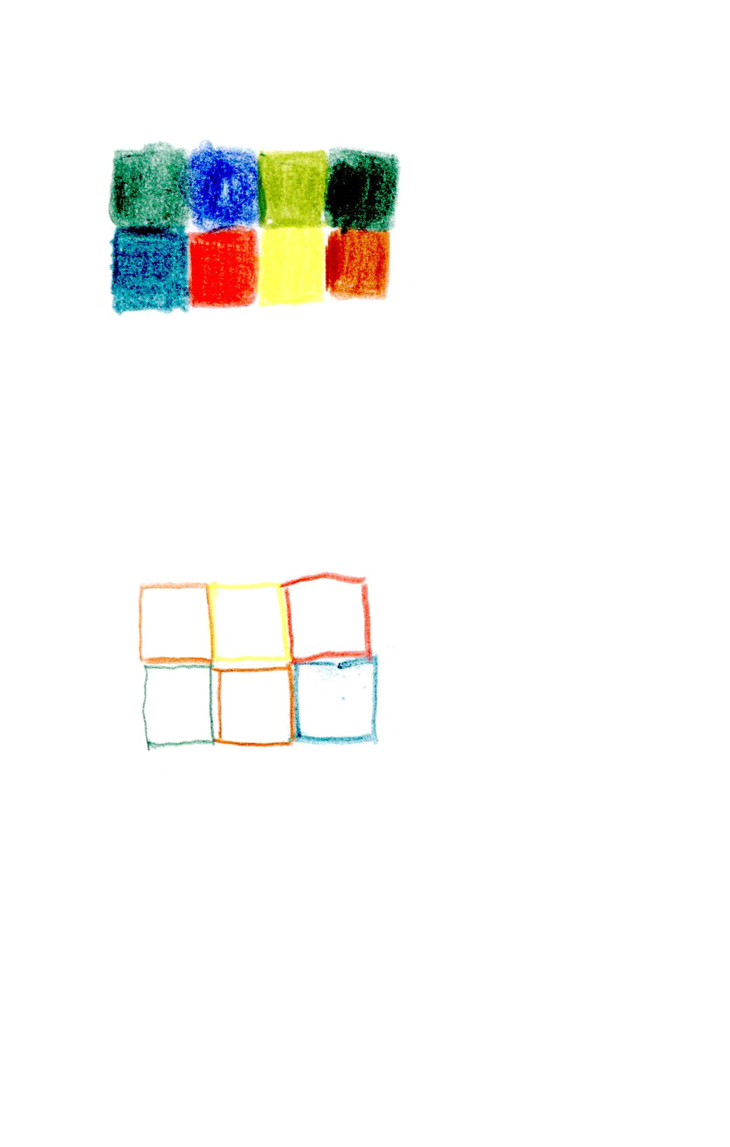eight colored squares sit in rows of four, all squares in different colors above six outlines of squares also in different colors