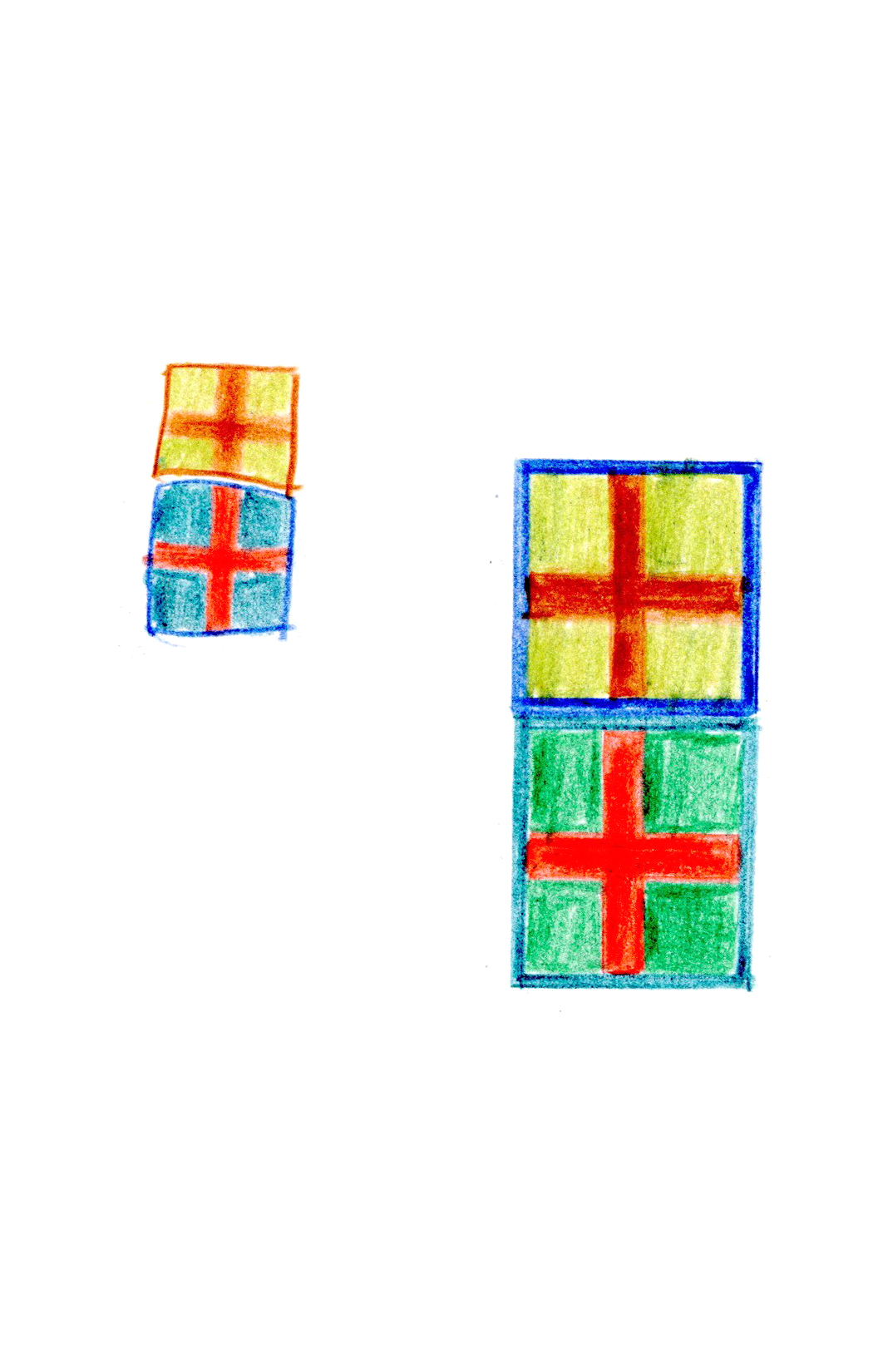 drawing in colored pencil of four squares with crosses in their centers