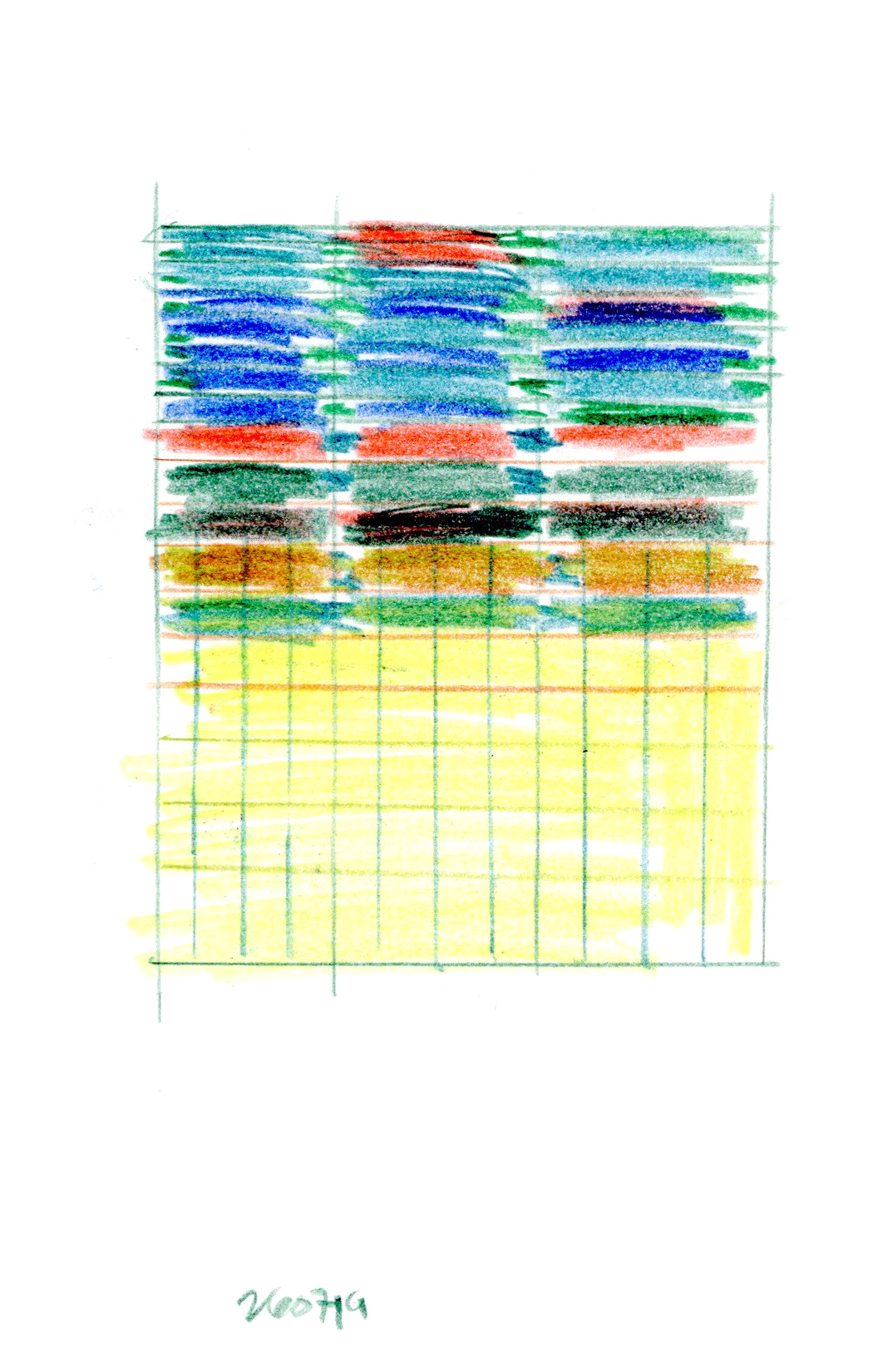 drawing in colored pencil of a green grid filled in with yellows, reds, greens and blues