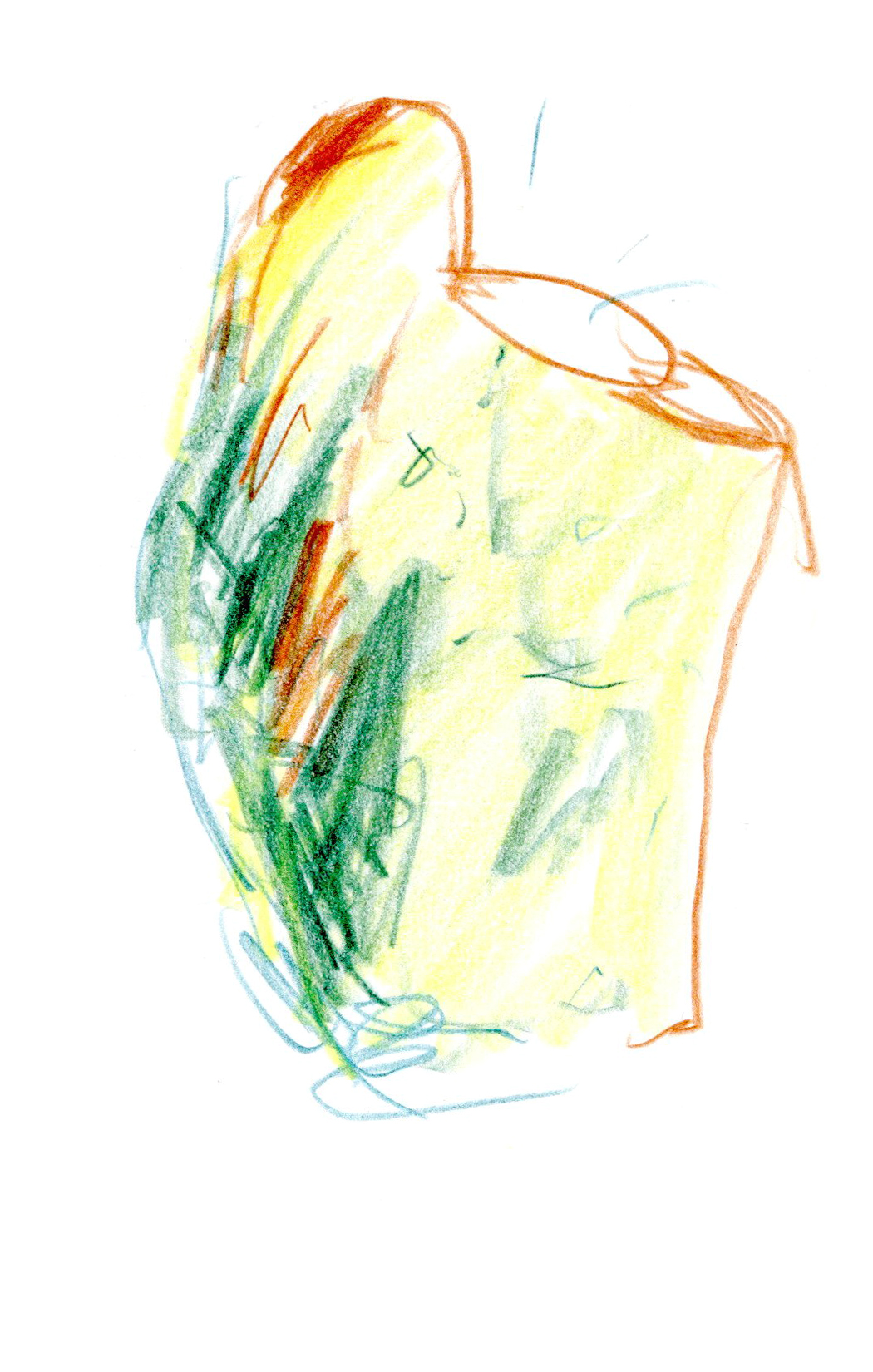 drawing in colored pencil of a vase in green, yellow and brown