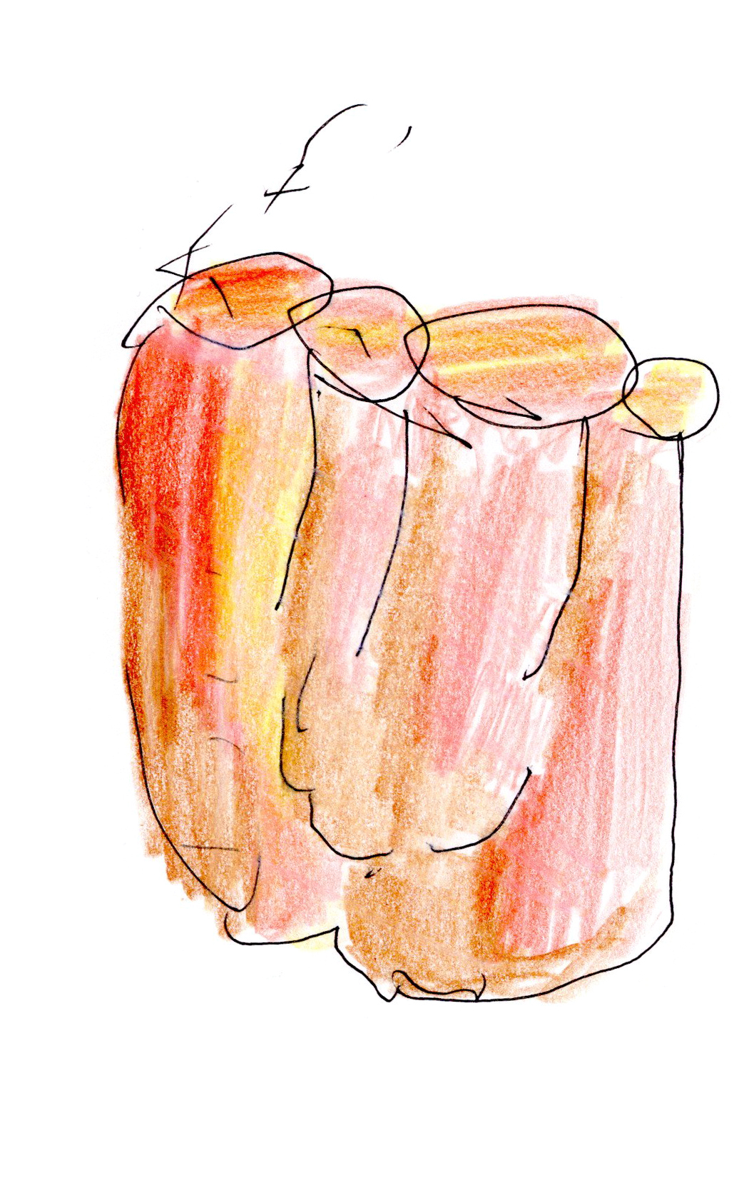 drawing in colored pencil of a multi-mouthed vase in reds, yellows, pinks and oranges