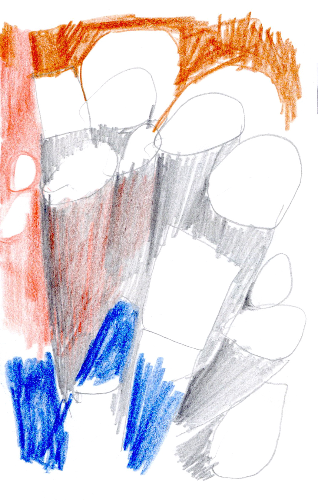 drawing in colored pencil of cylinders projecting upwards surrounded by blues, reds, and browns
