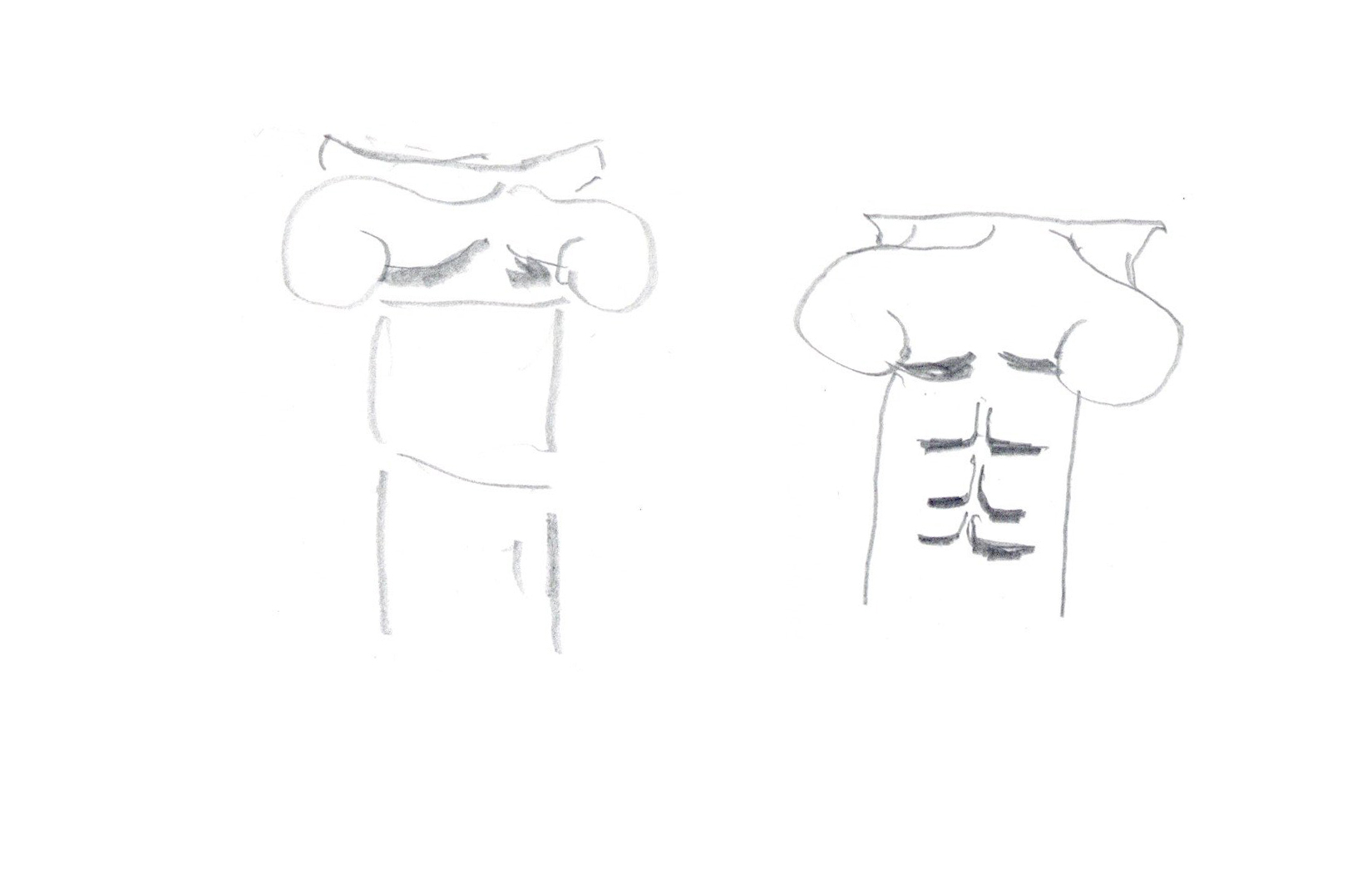 drawing in pencil of two ionic columns resembling human male torsos with six-pack abs and defined pectoral muscles
