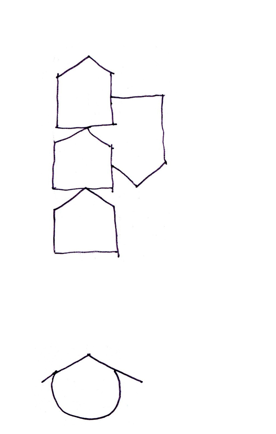drawing in pen of some gable-shaped boxes sitting on top of each other, and one rounded shape with a gabled-roof