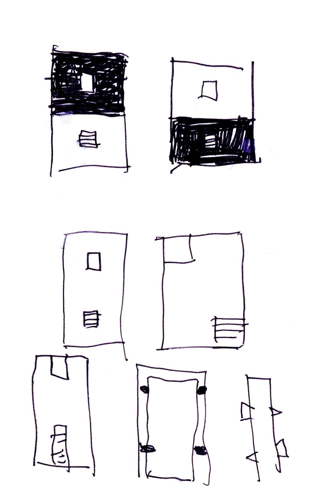 drawing in black pen of some doors with windows and vents in elevation