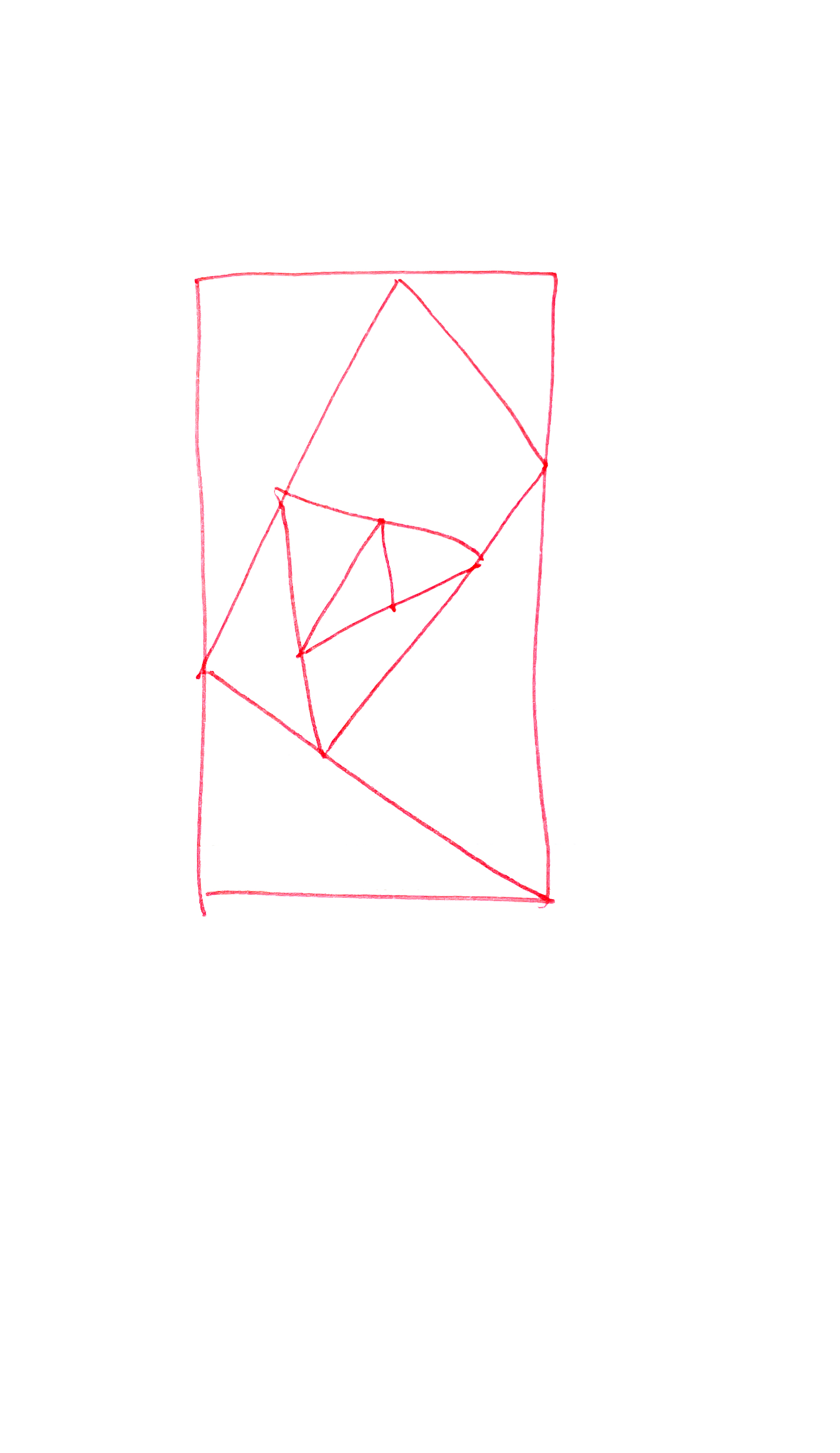 drawing in red pen of a rectangle with a telescoping triangles within its boundaries moving backward