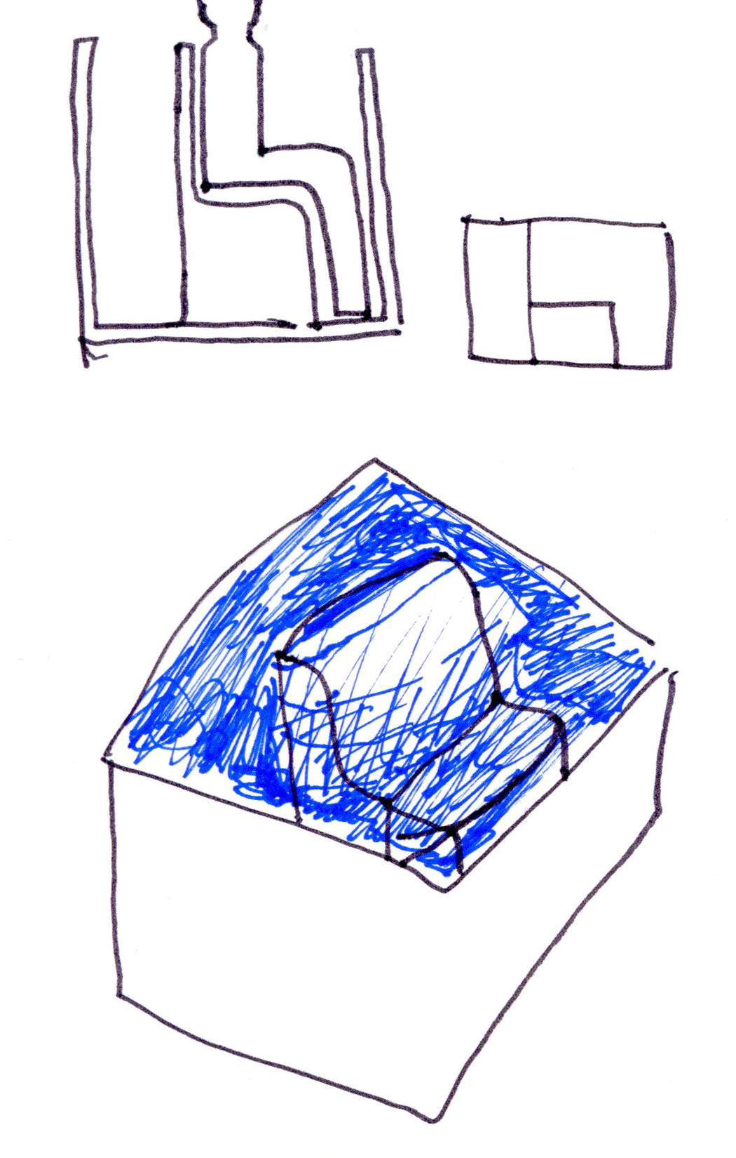 drawing in black and blue pen of a square volume with a seat in the middle, the water coming up right to the top of the chair back