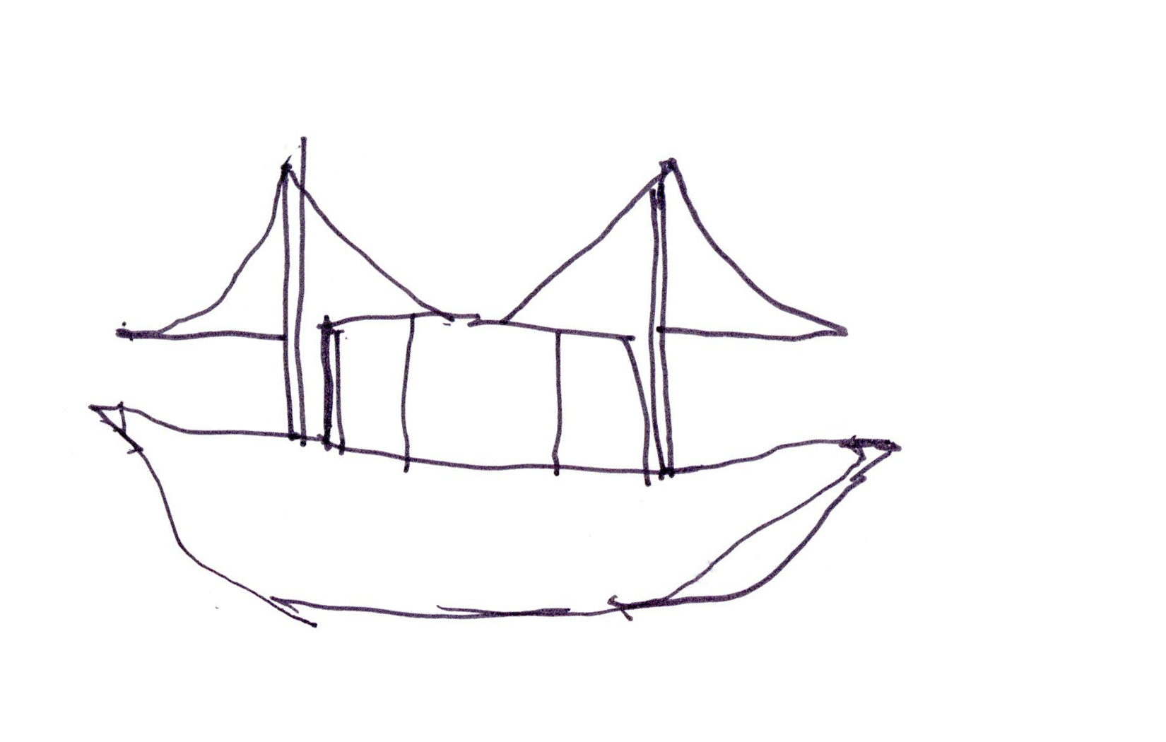 drawing in black pen of a symmetrical sailboat with two sails facing opposite directions