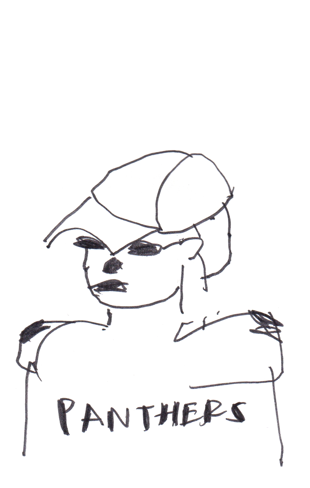 drawing in black pen of a scary figure wearing sunglasses, a baseball cap and a jersey reading "PANTHERS"