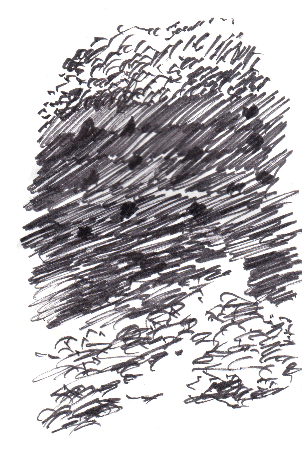 drawing in black pen of a hazy landscape with a mountain receding in the background