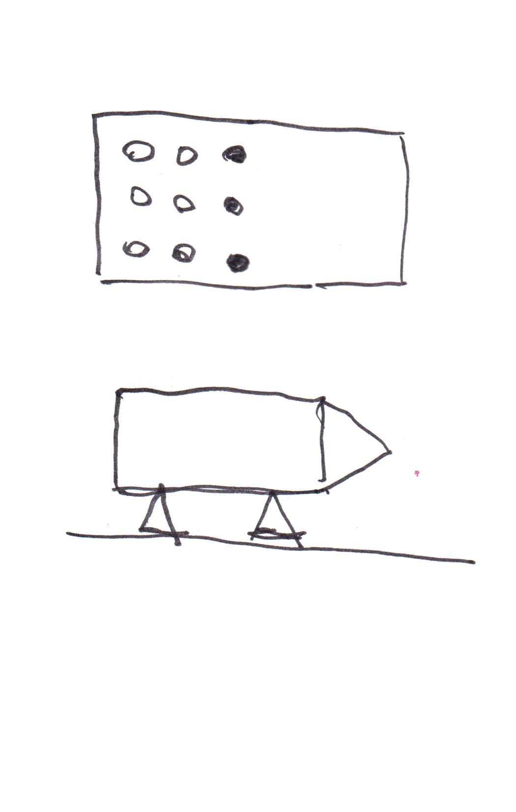 drawing in black pen of a block with a pointy end sitting on two triangles pointing to the side
