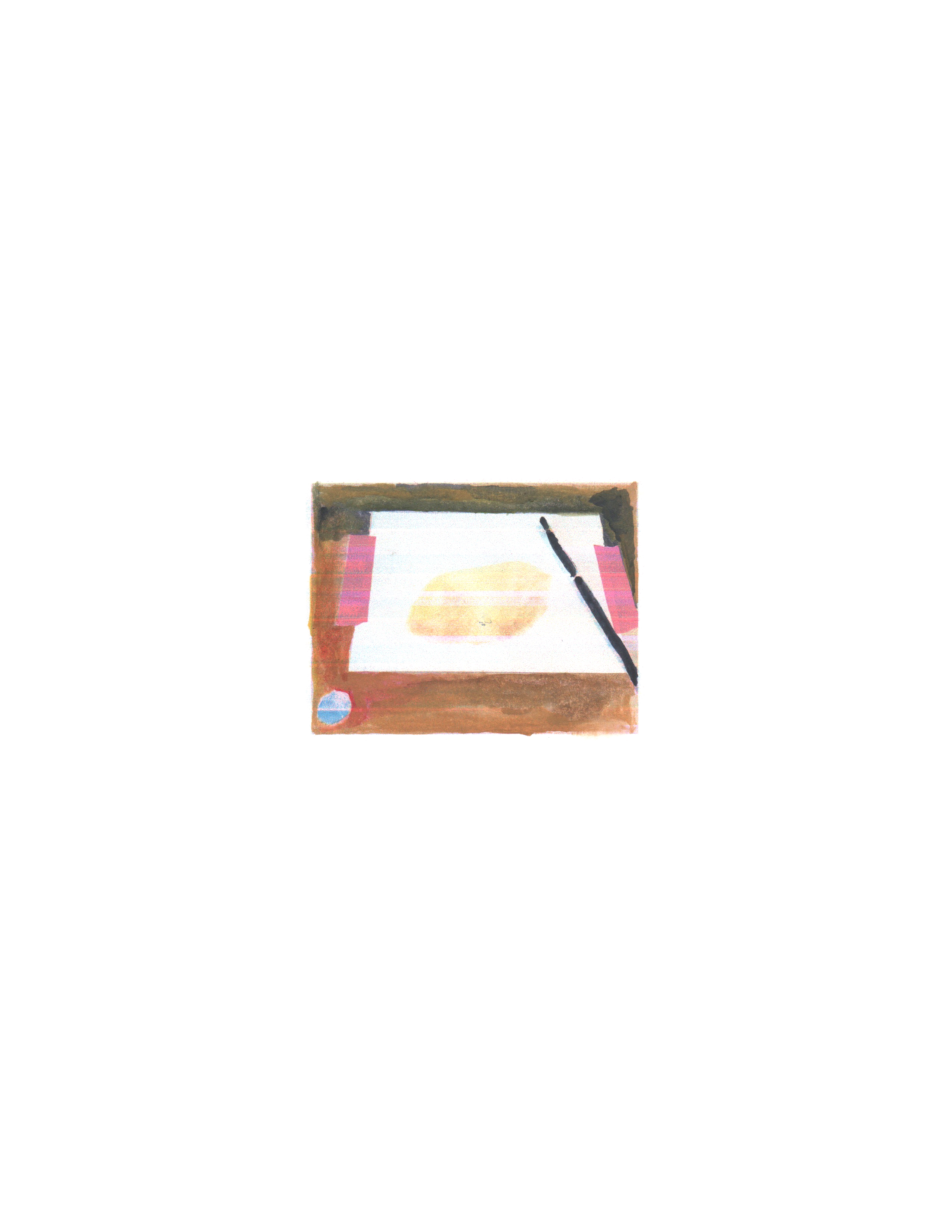 watercolor painting of a piece of paper taped-down with red tape and a yellow shape on the paper