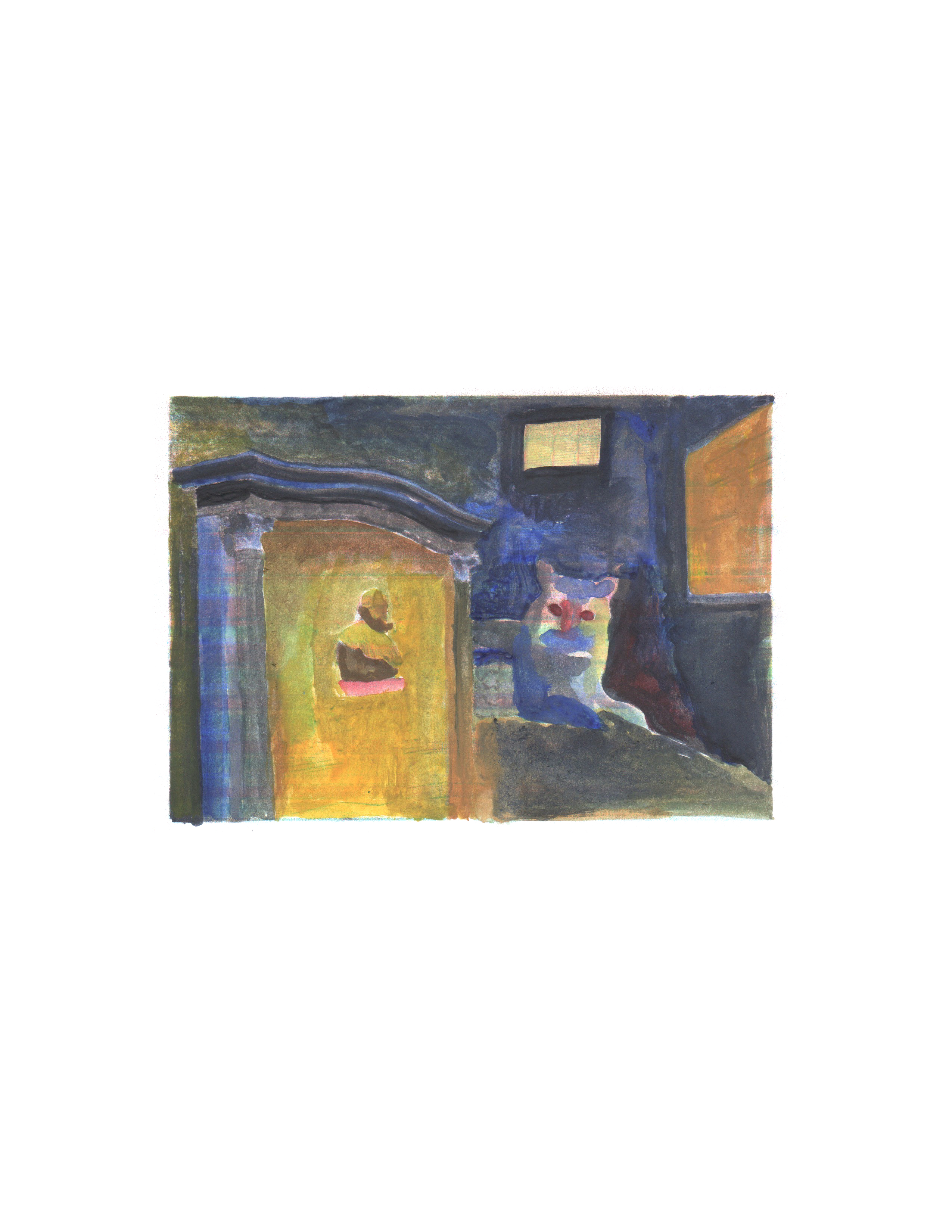 watercolor painting of a cat sitting on a bed whose bottom half is obscured by a classical monument with a bust of a man centered on it