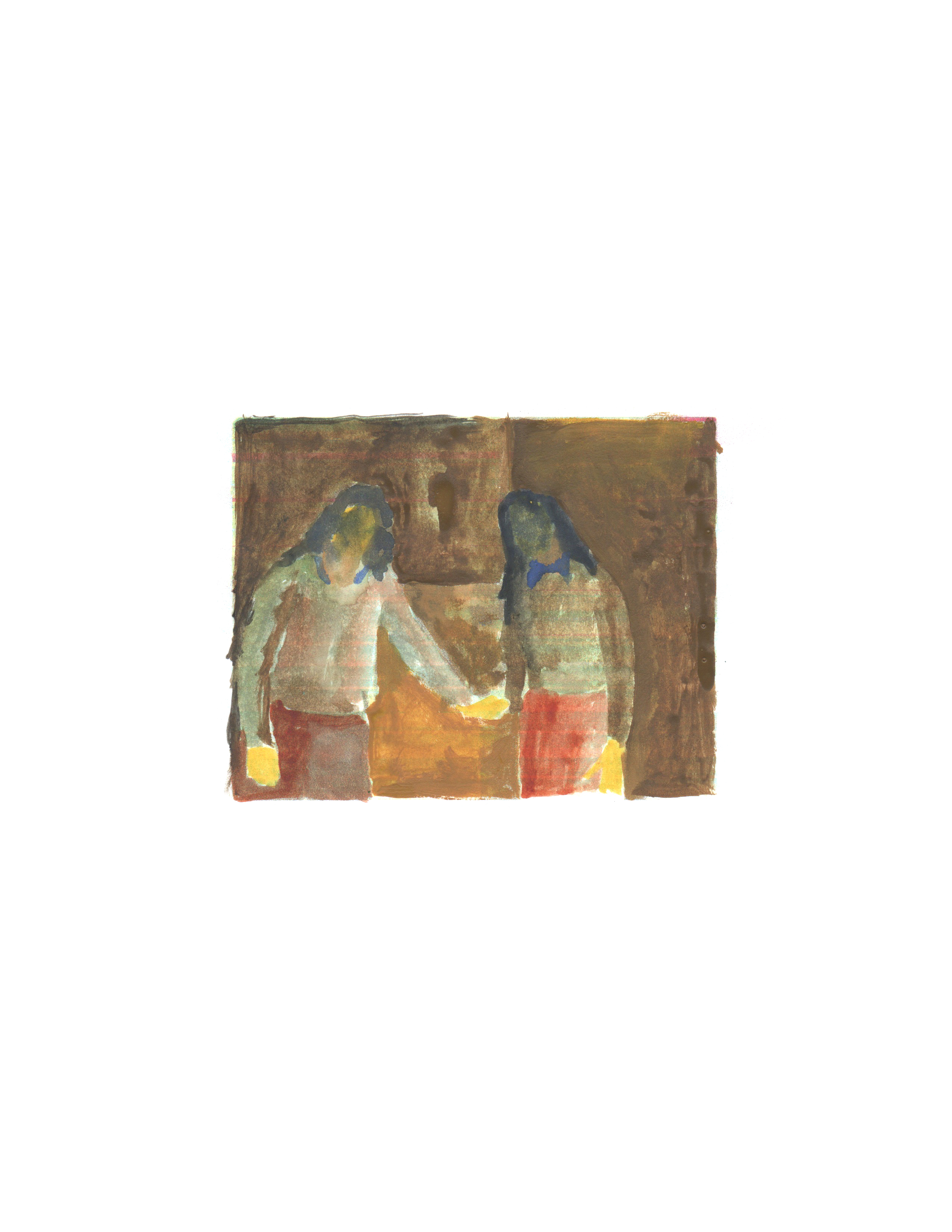 watercolor painting of two women touching hands facing the viewer, their faces blurred without features