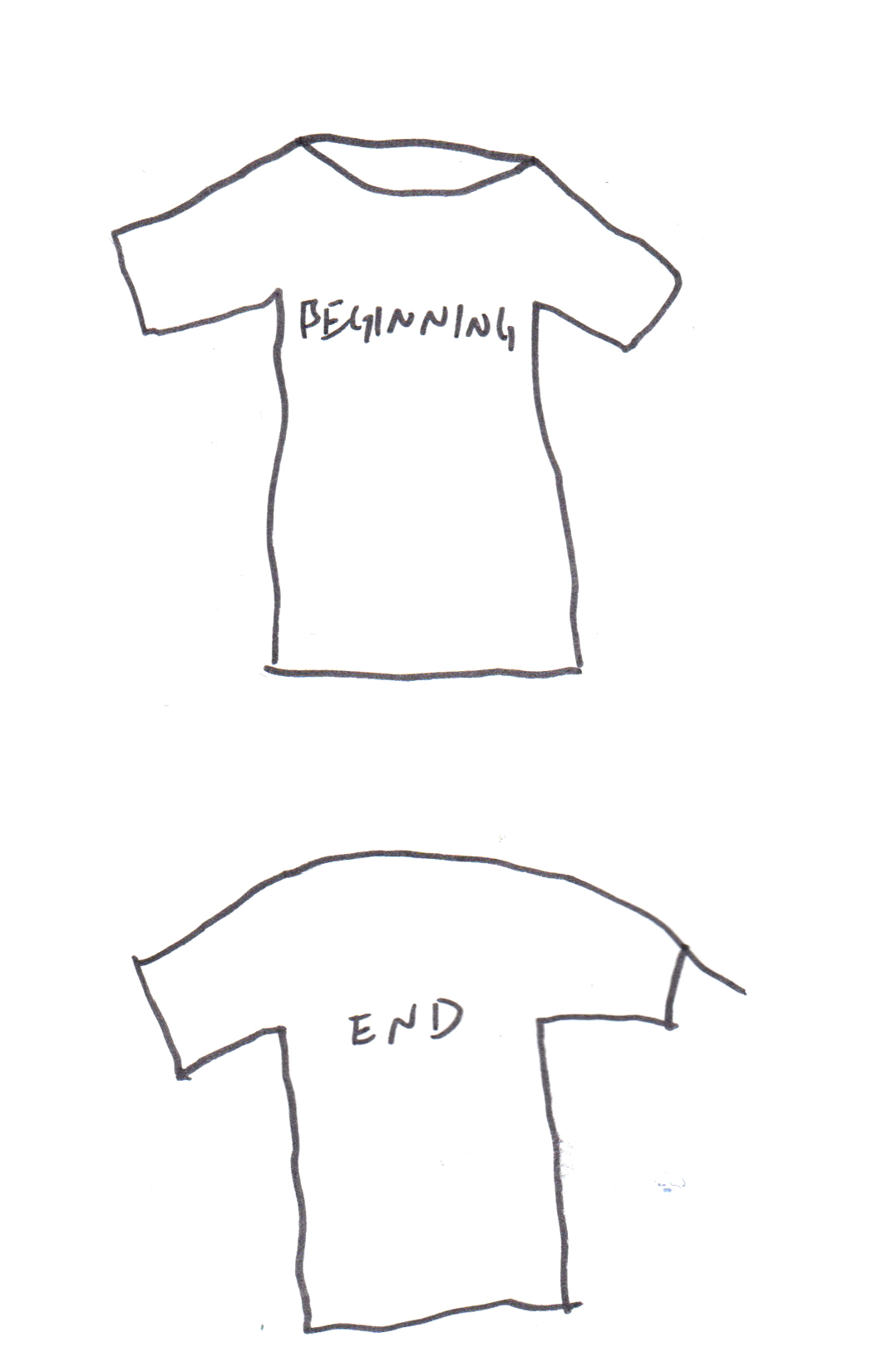 drawing of a t-shirt front and back, reading "BEGINNING" and "END" respectively