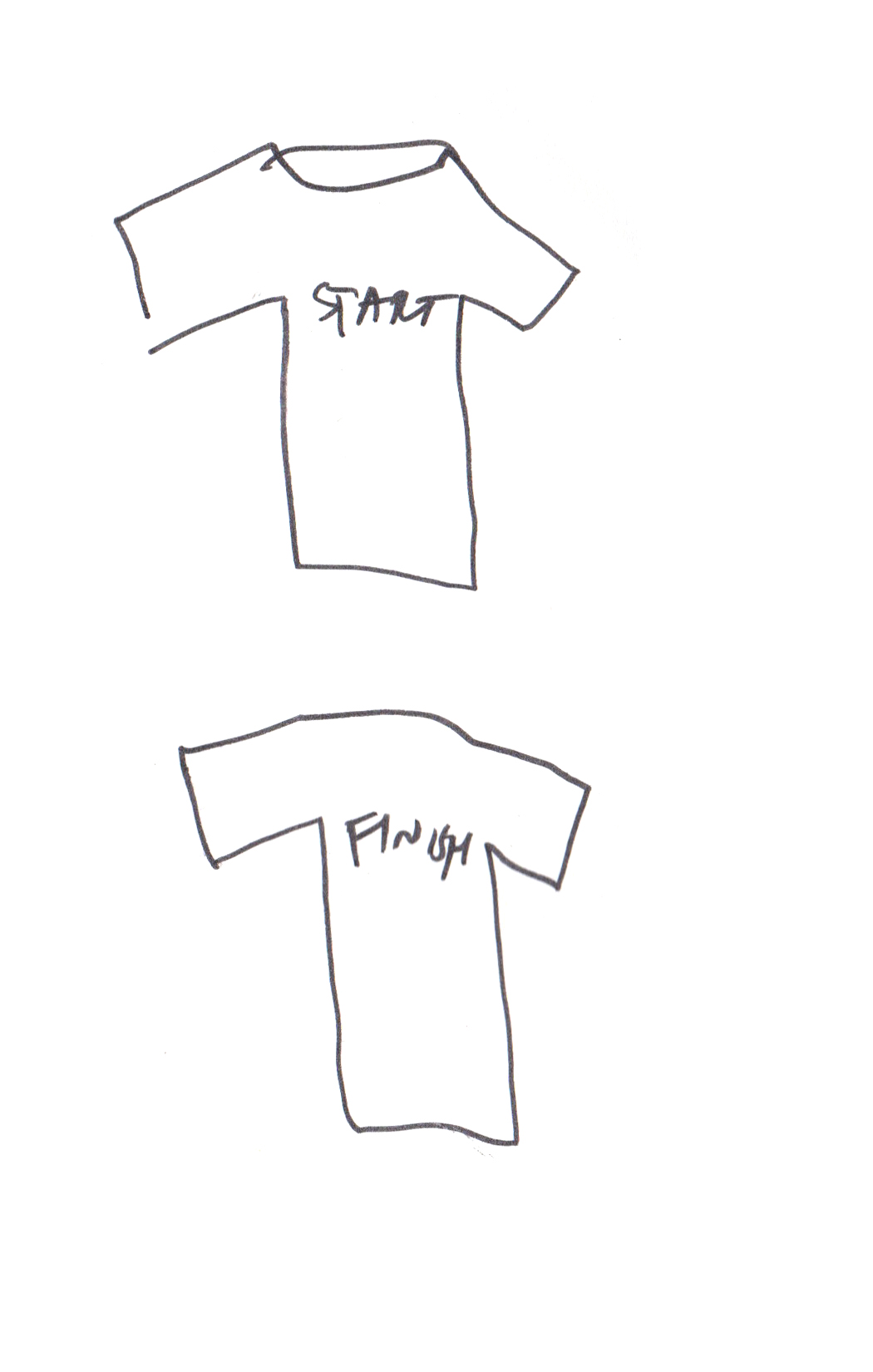 drawing of a t-shirt front and back, reading "START" and "FINISH" respectively