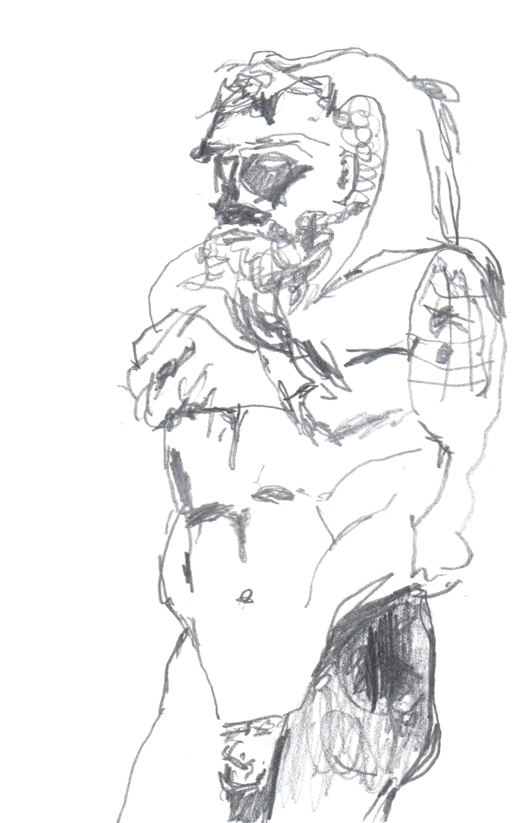 pencil drawing of a muscular figure from the upper-thighs upwards, shirtless and arm less wearing the pelt of a lion