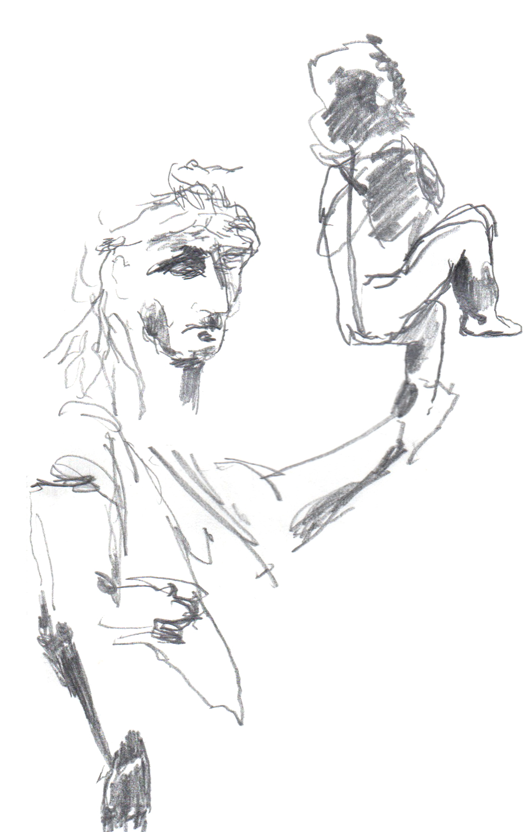 drawing in pencil of a man's face in profile with a robed-torso, holding a small child in his outstretched hand sitting with his back turned