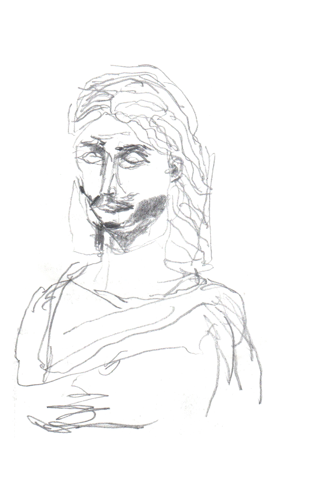 drawing in pencil of a figural bust looking towards the left with a blank expression
