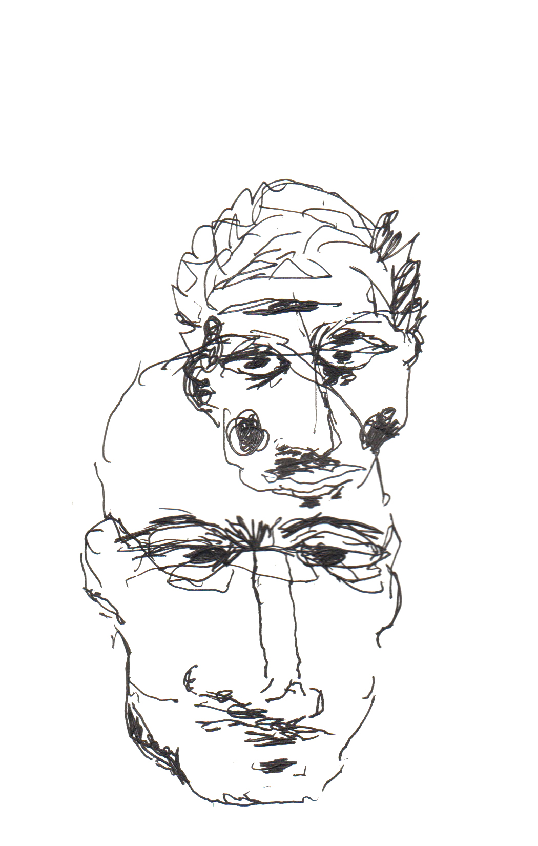 drawing in pen of two overlapping faces, both sullen