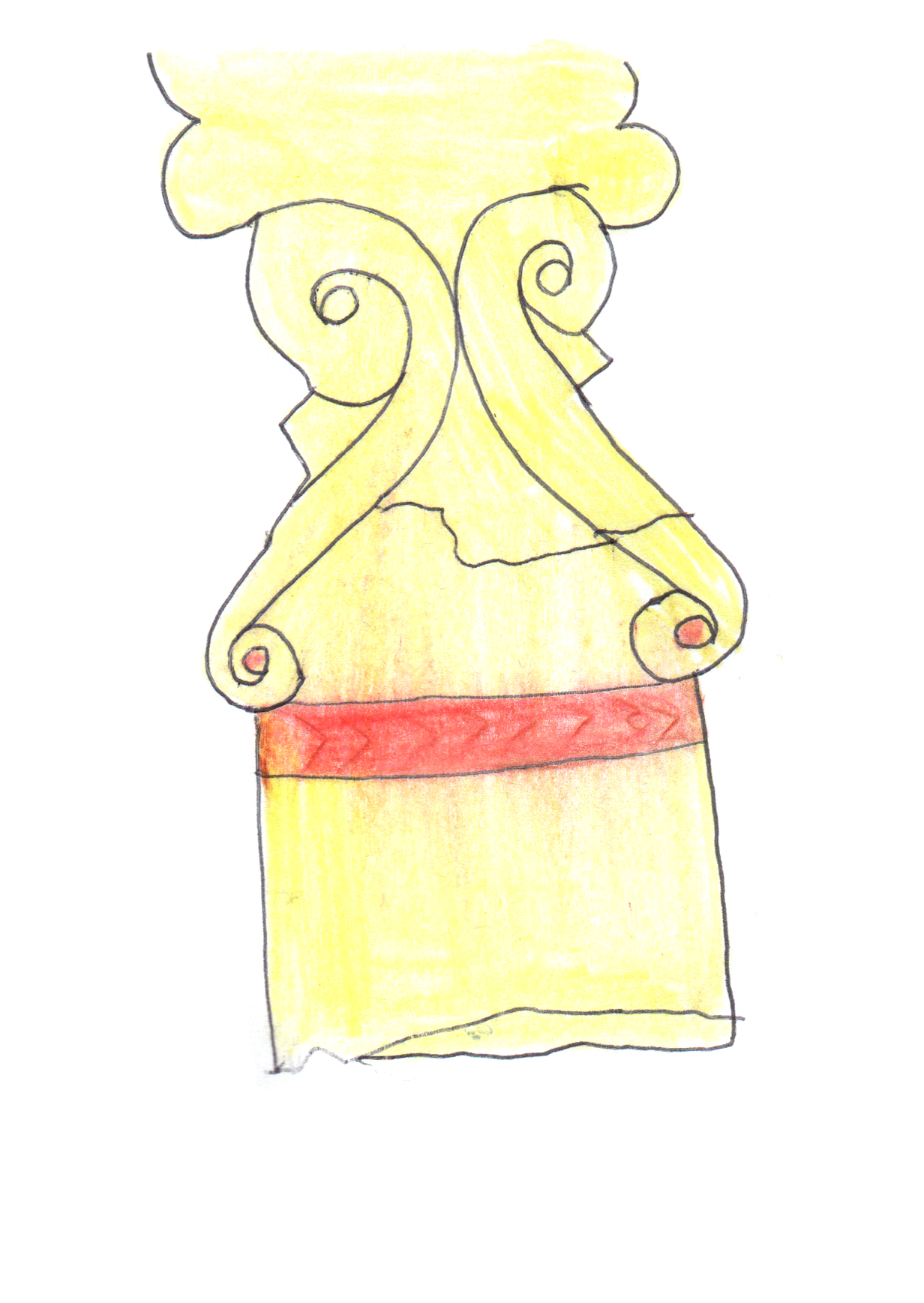 drawing in pen and colored pencil of a grave marker in yellow with a red stripe