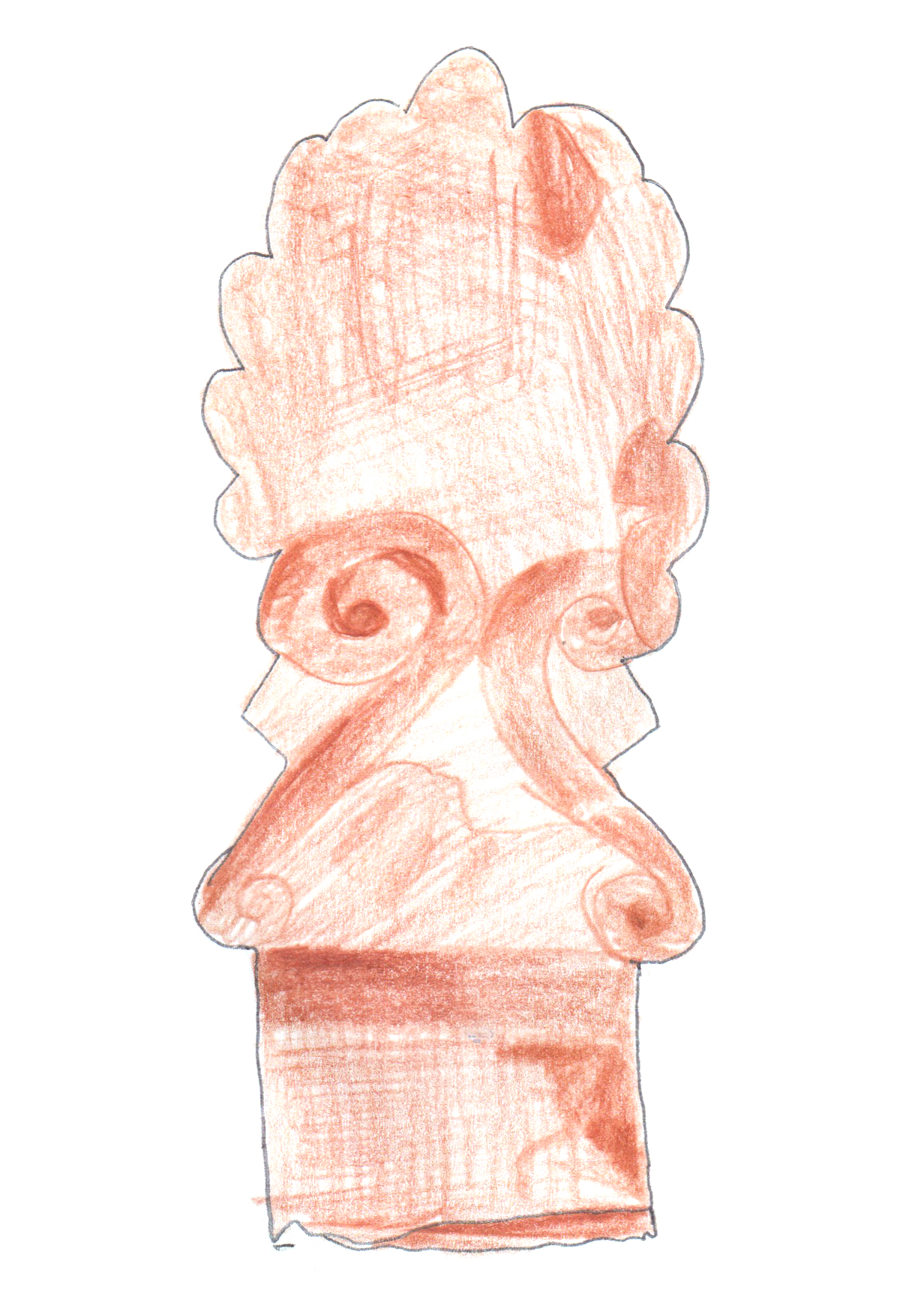 drawing in pen and colored pencil of a grave marker in brown