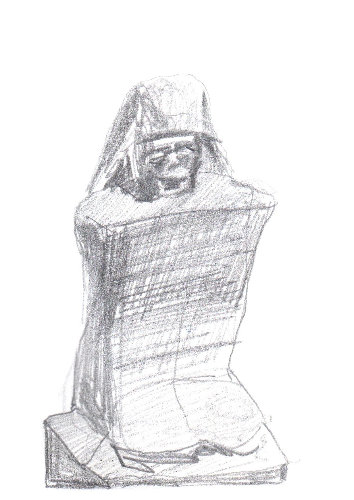 drawing in pencil of an Egyptian block statue-- a seated man with his legs pressed to his chest