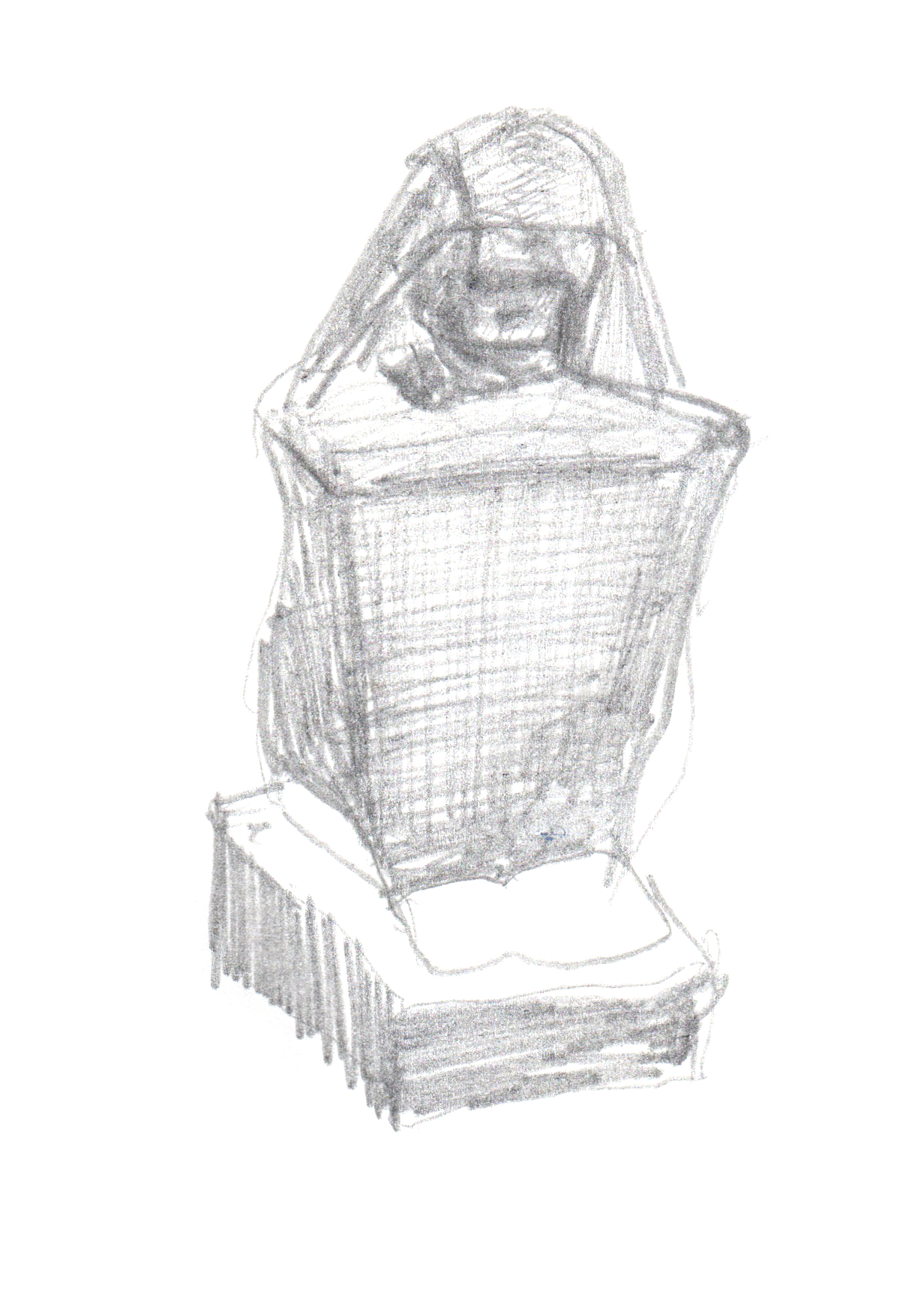 drawing in pencil of an Egyptian block statue-- a seated man with his legs pressed to his chest