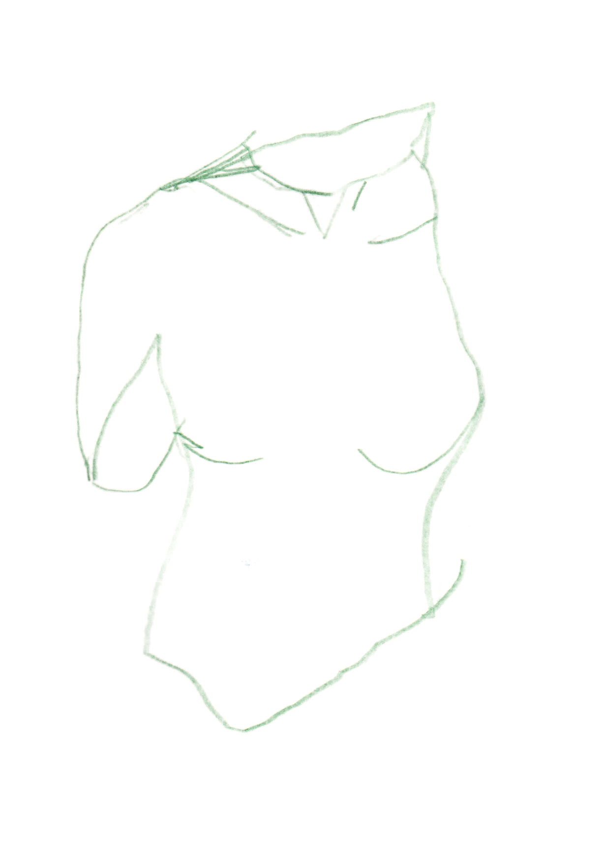drawing in green colored pencil of a feminine torso with a missing left arm and broken right