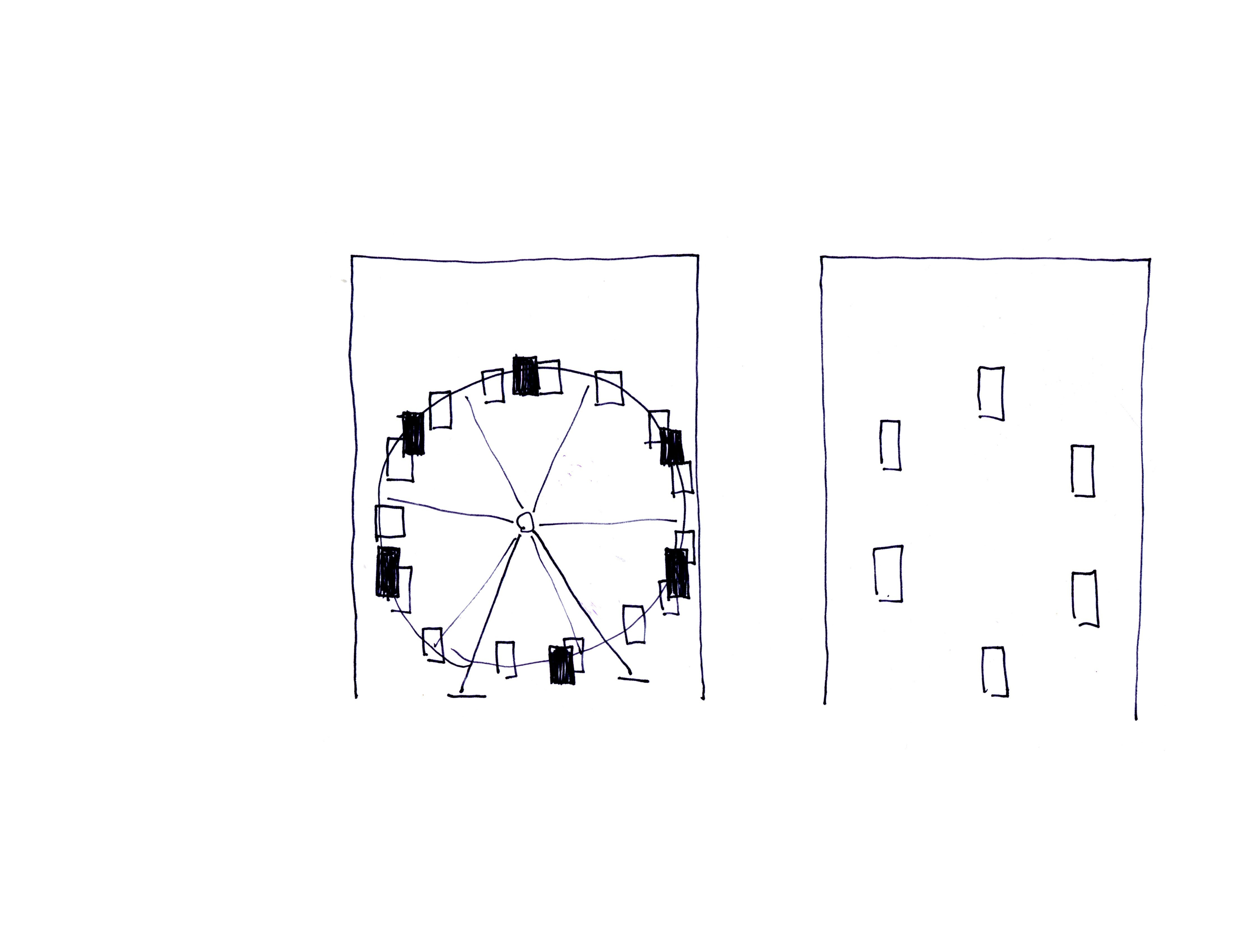 drawing in pen of a ferris wheel in front of a building, which is acting like an elevator with the hanging carriages aligning with portals arranged in a circular fashion