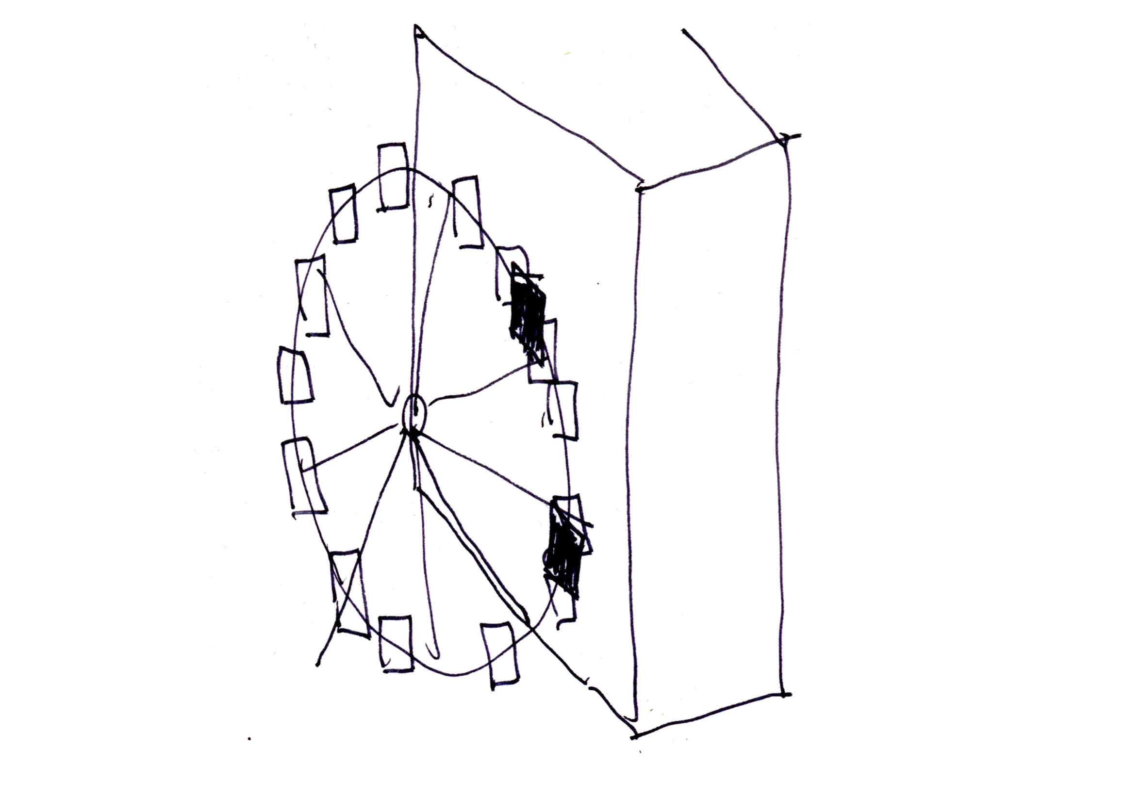 drawing in pen of a ferris wheel in front of a building, drawn from an angle, which is acting like an elevator with the hanging carriages aligning with portals arranged in a circular fashion