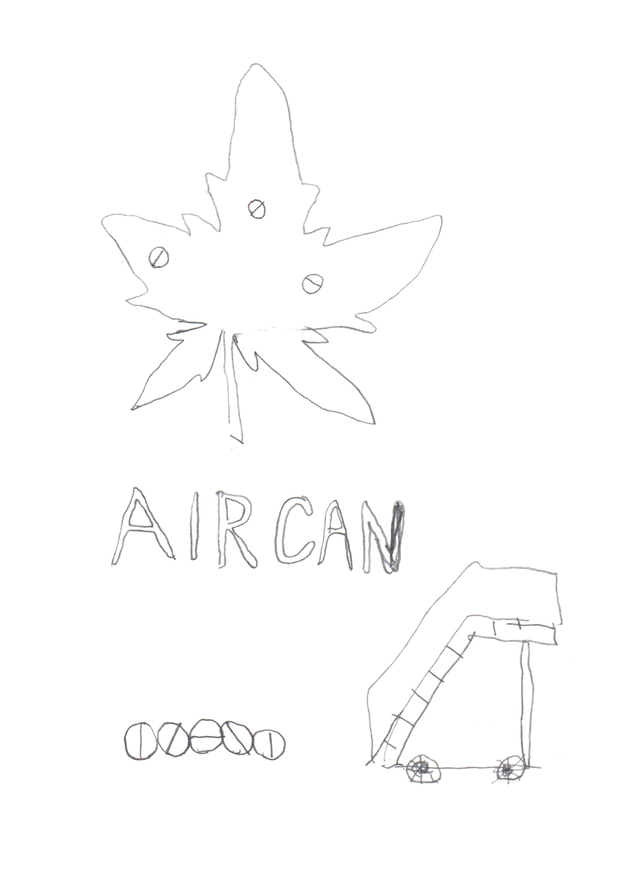 drawing in pencil of a large maple leaf with "AIRCAN" written below with a small airplane staircase drawn adjacent