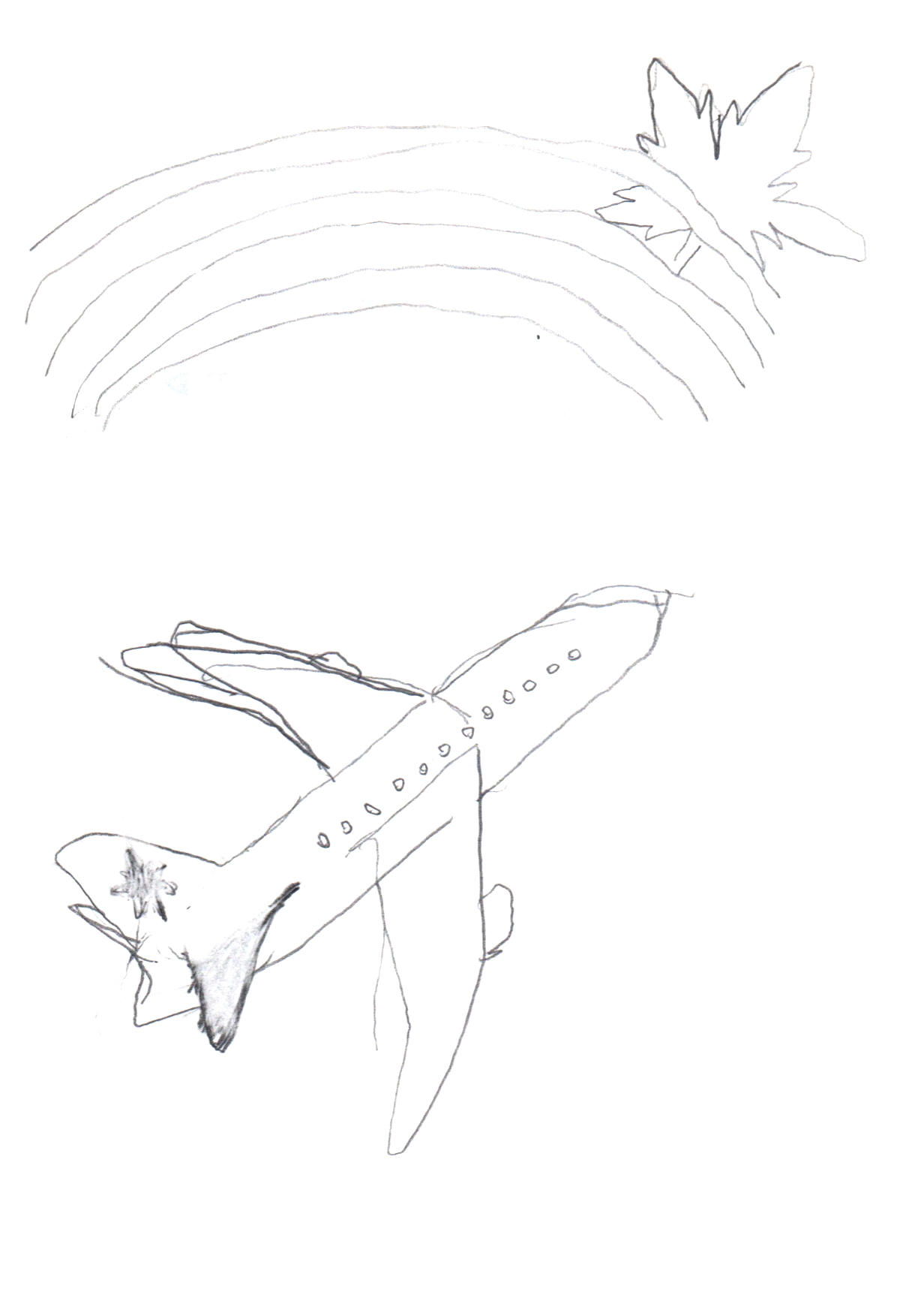 drawing in pencil of an airplane moving towards a rainbow with a maple leaf embedded in it