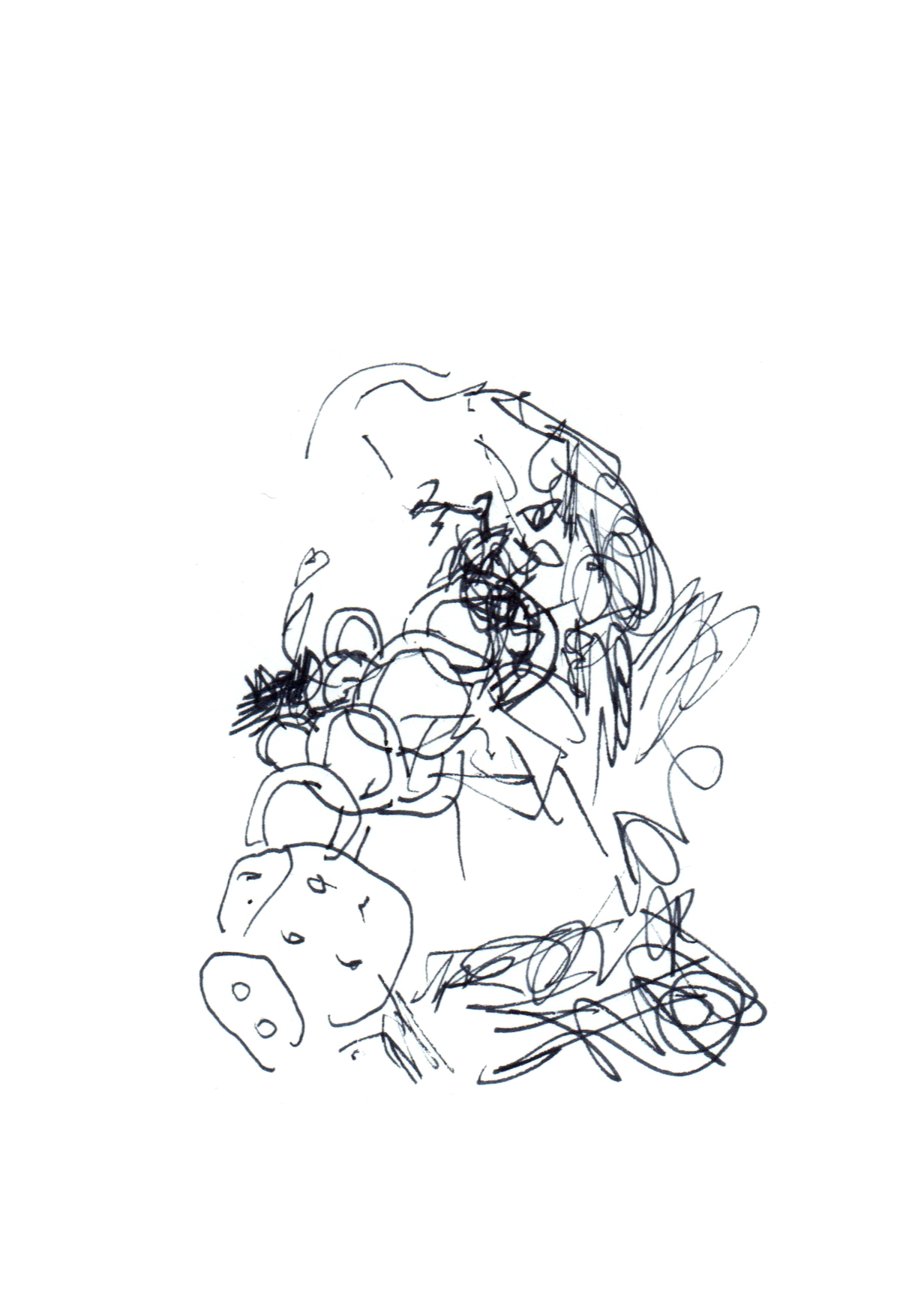 drawing in black pen of interlocking rings, a six-sided die, and some scratchy drawings