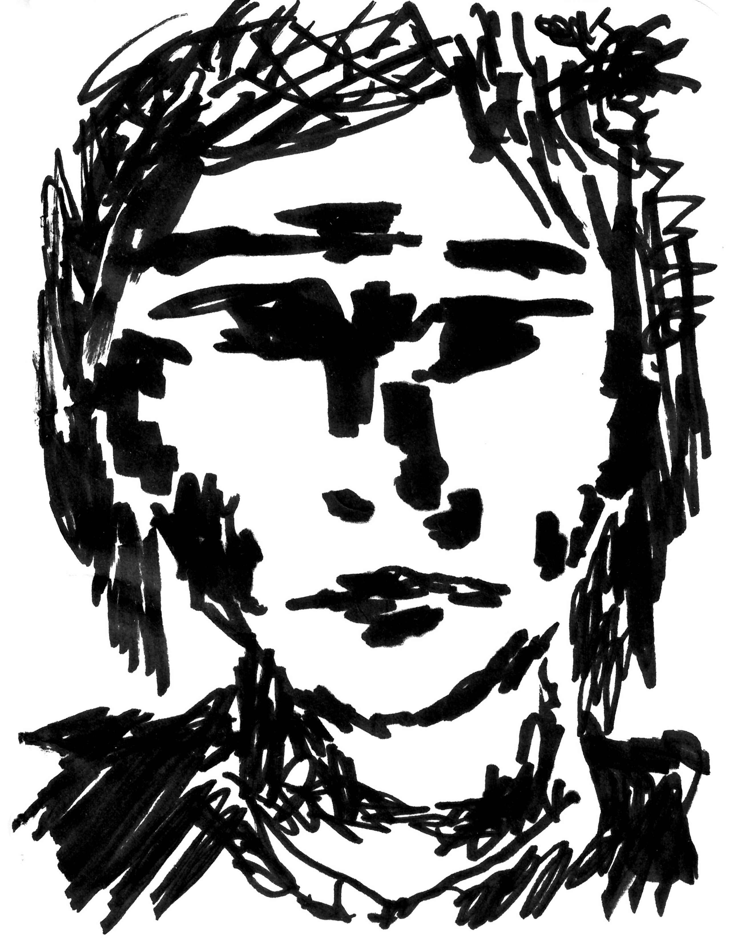 drawing with heavy black marker of a young woman's face, with a furrowed brow and deep-set eyes